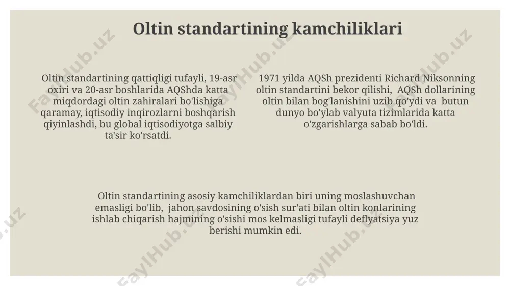 biroq ularning qiymati rublga nisbatan belgilangan. 1920-yillardan keyin sovet ittifoqi davrida oltin valyuta sifatida emas, balki davlat zahirasi sifatida saqlangan va pul muomalasidan chiqarilgan; buning o'rniga qog'oz pul muomalaga kiritilgan. oltin va inflyatsiya oltin, jahon bozorida 2023-yilning birinchi choragida o'rtacha 1900 aqsh dollari atrofida savdo qilingan bo'lib, inflyatsiyaga nisbatan nisbatan barqaror investitsiya vositasi sifatida qaraldi, ayniqsa, global moliyaviy beqarorlik davrida. tarixiy ma'lumotlar shuni ko'rsatadiki, oltinning narxi inflyatsiya darajasi bilan muayyan darajada korrelyatsiyaga ega, lekin to'g'ridan-to'g'ri bog'liq emas, masalan, 1970-yillarda aqshda yuqori inflyatsiya kuzatilgan bo'lsa-da, oltinning bahosi sezilarli darajada oshgan. 1971-yilda aqshning oltin standartini bekor qilishi jahon iqtisodiyotida inflyatsiyaning o'sishida muhim rol o'ynadi, chunki pul birligi endi jismoniy aktivga bog'lanmagan edi, bu esa pul massasini boshqarishni qiyinlashtirdi. e'tiboringiz uchun rahmat @taqdimot_robot