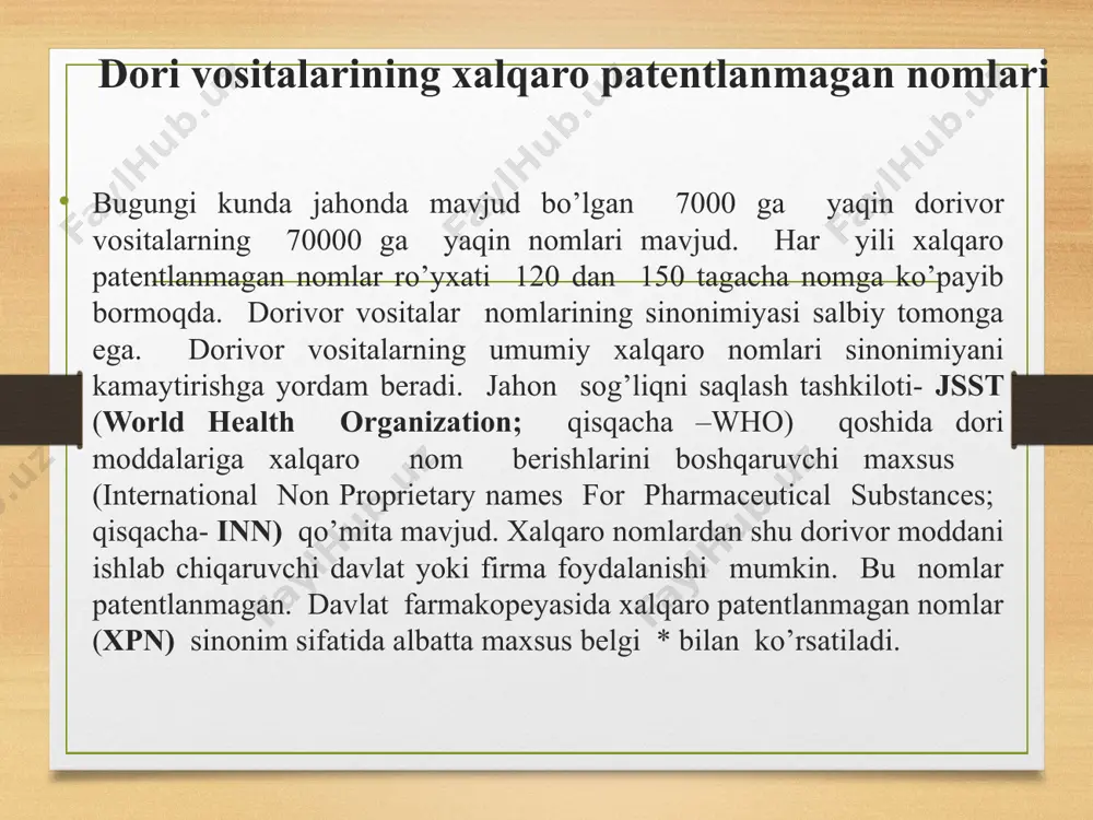mda preparatning qadog’ida avval savdo nomi, keyin xpn beriladi. masalan: troxevasin* preparatning savdo nomi: troksevazin xpn: troxerutinum lotin tilidagi otlarning o’zbekcha muqobilini o’z o’rniga qo’ying. 1) oleum a) skopolia 2) cellula b) yelim 3) scopolia c) zangvizorba 4) passiflora d) istod 5) colla e) hujayracha 6) teribinthina f) passiflora 7) frangula g) itjumrut 8) sanguisorba h) hujayra 9) leuzea i) ilonsimon toron 10) cella j) yog’ , moy 11) poligala k) terpentin 12) oliva l) levzeya 13) bistorta m) na’matak 14) aloe n) kalanxoe 15) chole o) chakonda 16) hippophae p) o’t , safro 17) kalanchoe q) aloe 18) rosa r) zaytun quyidagi dorivor o’simliklarning mos nomini toping dorivor gulxayri calendula officinalis chayono’t, qichiqtio’t fragaria vesca baland bo’yli sigirquyruq aesculus hippocastanum dorivor qashqarbeda quercus robur dorivor tirnoqgul urtica dioica kalanxoe melilotus officinalis o’rmon qulupnayi sambucus nigra dalachoy, qizilpoycha kalanchoe pinnata oddiy eman verbascum thapsiforme ilonsimon toron polygonum bistorta dorivor veronica …