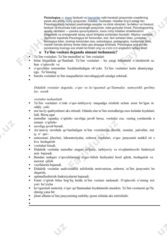 o’zimiz qilgan ishimiz, o’y va fikrlarimiz diqqatning ob’yektibo’la oladi. diqqat turlari :ixtiyorsiz diqqat, ixtiyoriy diqqat, ixtiyoriydan so'nggi diqqat. diqqatning xususiyatlari: diqqat kuchi va bo'linishi, diqqat ko'lami, diqqat taqsimlanishi, shaxsda diqqat rivojlanishi. · psixologiya fani nima haqidagi fan? psixologiya — inson faoliyati va hayvonlar xatti-harakati jarayonida voqelikning psixik aks etishi, ruhiy jarayonlar, holatlar, hodisalar, hislatlar toʻgʻri-sidagi fan. psixologiyaning tadqiqot predmetiga sezgilar va idrok obrazlari, ta-fakkur va hissiyot, faoliyat va muomala kabi psixologik jarayonlar, kate-goriyalar kiradi. psixologiyaning asosiy vazifalari — psixika qonuniyatlarini, inson ruhiy holatlari shakllanishini filogenetik va ontogenetik taraq,-qiyot birligida ochishdan iboratdir. mazkur vazifalar yechimini topishda psixologiya bir tomondan, biol. fani sohalari bilan, jumladan, fiziologiya bilan, boshqa tomondan esa, sotsiologiya, pedagogika, madaniyat tarixi, mantik hamda ijtimoiy fanlar bilan jips aloqaga kirishadi. psixologiya eng avvalo, psixikaning insonga xos shakli boʻlmish ong va oʻzini oʻzi anglashni tadqiq etadi. · ta’lim vositasi deganda nimani tushunasiz? · ta’lim vositalari. ta’lim metodlari ta’ lim vositalari · …