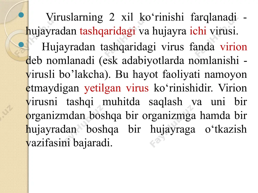 bajaradi hamda yangi avlod genomi sintezi uchun matrisa bo‘lib xizmat qiladi. manfiy rnkga (rnk-) faqat genom vazifasi xos, bundan tashqari u genom va axborot rnk (i-rnk) sintezi uchun matrisa vazifasini bajaradi. virus nuklein kislotasining asosiy xususiyati yuqumlilik hisoblanadi, ya’ni virusning boshqa komponentlari qatnashmasa-da, u xo‘jayin hujayrasida produktiv infeksiyani chaqirishga qodirdir. yuqumlilikni viruslarning dnk si va musbat rnk si keltirib chiqaradi. virus oqsillari strukturali va strukturasiz oqsillarga bo‘linadi: strukturali oqsillar virion tarkibiga kiradi, bular: kapsid oqsillari-kapsidni shakllantiradi; viruslar reproduksiyasi hujayradagi viruslar reproduksiyasi (produktiv infeksiya) —yagona jarayon bo‘lib, shartli ravishda bir necha bosqichlarga bo‘linadi: 1.virionning hujayraga adsorbsiyasi. 2.virusning hujayraga kirishi. 3.virionning deproteinizasiyasi va uni nuklein kislota (genom) dan ozod bo‘lishi. 4.virus genomini ekspressiyasi va virion komponentlarining sintezlanishi (transkripsiya, translyasiya, replikasiya). 5.virionning shakllanishi (morfogenez). 6.hujayradan virion yangi avlodining chiqishi. virionning hujayraga adsorbsiyasi mavjud bo‘lgan maxsus retseptorlar orqali amalga oshiriladi. oddiy viruslarda - u kapsid yuzasidagi biriktiruvchi oqsillar, murakkab viruslarda biriktiruvchi oqsil superkapsidning yuzasida …