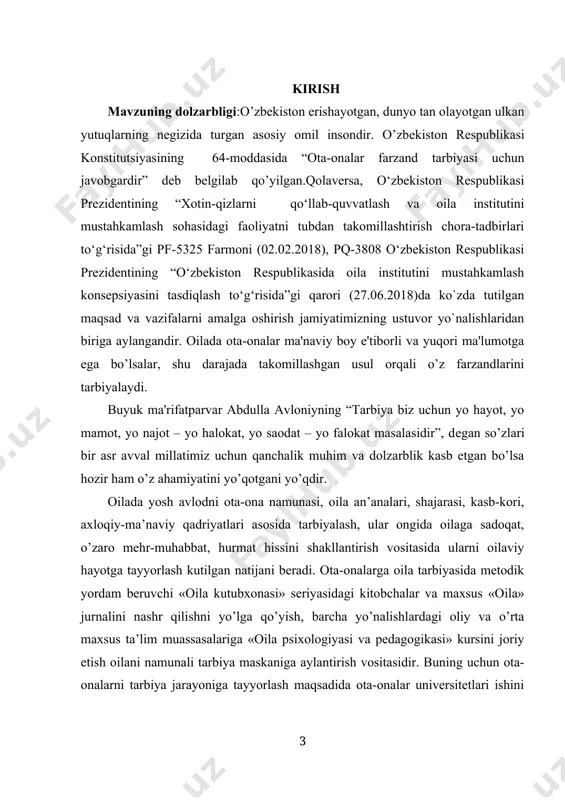 adriyatlari asosida tarbiyalash, ular ongida oilaga sadoqat, o’zaro mehr-muhabbat, hurmat hissini shakllantirish vositasida ularni oilaviy hayotga tayyorlash kutilgan natijani beradi. ota-onalarga oila tarbiyasida metodik yordam beruvchi «oila kutubxonasi» seriyasidagi kitobchalar va maxsus «oila» jurnalini nashr qilishni yo’lga qo’yish, barcha yo’nalishlardagi oliy va o’rta maxsus ta’lim muassasalariga «oila psixologiyasi va pedagogikasi» kursini joriy etish oilani namunali tarbiya maskaniga aylantirish vositasidir. buning uchun ota-onalarni tarbiya jarayoniga tayyorlash maqsadida ota-onalar universitetlari ishini tiklash va takomillashtirish, umumta’lim maktablari, oliy va o’rta maxsus ta’lim mazmuniga «yoshlarni oilaviy hayotga tayyorlash» kursini kiritish va amalda qo’llash lozim. oila pedagogikasi quyidagi fanlar bilan aloqada o‘sib-ulg‘aymoqda: oila pedagogikasi fani: falsafa, sotsiologiya, iqtisodiyot, anatomiya – fiziologiya, psixologiya–pedagogika, ijtimoiy pedagogika, maxsus pedagogika, pedagogika tarixi, pedagogik mahorat kabilar. insonning ma’naviy va aqliy xislatlarini, asosan, uning olgan tarbiyasi, yashagan muhiti belgilaydi. agar, yaxshi tarbiya insonning eng qimmatli boyligi bo‘lsa, noto‘g‘ri tarbiya uning uchun chinakamiga baxtsizlikka, hatto, halokatga aylanishini uqtirgan. shuning uchun maktab tarbiyasi …