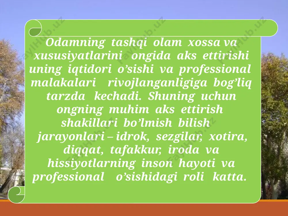 ladi. m: ayni konkret xona o’sha yerda ro’y bergan hodisalarni ham eslatadi. harflarni alfavitdagi tartibida yoddan aytish oson, uni teskarisiga aytish qiyin bo’lganidek, xotirada ham ma’lumotlarni ma’lum tartibda joylashtirishga va kerak bo’lganda, tartib bilan birin-ketin tiklash maqsadga muvofiqdir. birin – ketinlik qonuni: assotsiyalar qonuni: kuchli taassurotlar qonuni: eslab qolinadigan narsa to’g’risidagi birinchi taassurot qanchalik kuchli bo’lsa, unga aloqador obraz ham shunchalik yorqin bo’ladi. bundan tashqari, siz uchun ahamiyatli va jozibali ma’lumotlar oqimida eslanayotgan material ham yaxshi esga tushiriladi. har qanday muayyan ma’lumot o’zidan oldingi ma’lumotni tormozlaydi. shuning uchun o’chib ketmasligi uchun yangini esda saqlashdan avval mustahkamlash choralarini ko’rishingiz kerak. tormozlanish qonuni: bilish jarayonlari: bu jarayonlar – sezgilar, idrok, xotira, diqqat, tafakkur, nutq va boshqalardir. bu jarayonlar bir-birlari bilan uzviy bog’liqki, biri ikkinchisiz namoyon bo’lmaydi. misol uchun: ko’rib idrok qilib turgan narsangizni fikrlamay ko’ringchi, uning mohiyatini bilasizmi? diqqat bilan ko’rgan yoki o’qigan tekstingizni eslab qolasiz. yoki biror narsa to’g’risida fikrlash uchun …