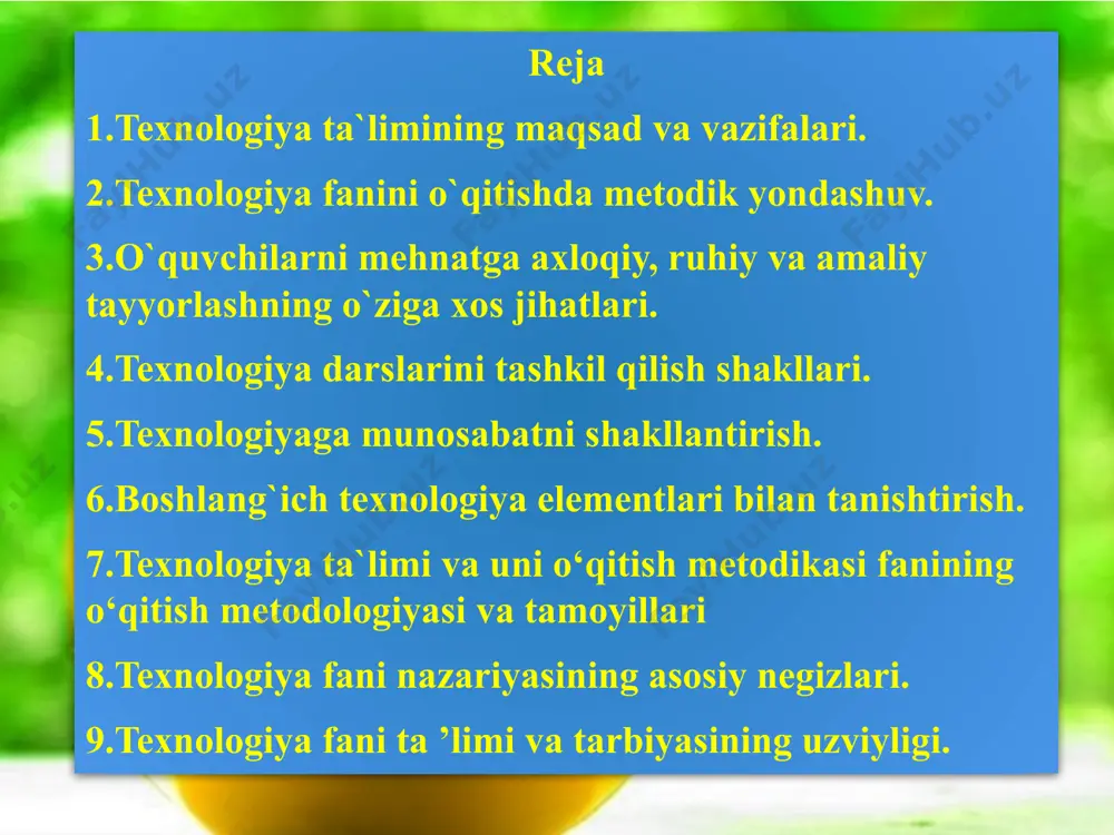 chilarda mehnatga muhabbat uyg‘otish, ularni mehnatsevarlikka, tejamkorlikka o‘rgatish. jamiyatimiz taraqqiyotining hozirgi bosqichi, mehnatning xarakteri va mazmuniga, insonni hayotga tayyorlashga yuksak talablar qo‘yadi. shunga ko‘ra har bir kishini hayotga tarbiyalashda aniq o‘zgarishlar qilishi lozim. boshlang‘ich maktabdagi texnologiya ta’limining asosiy vazifalari mehnatga axloqiy, ruhiy tayyorlash va amaliy tayyorlash, o‘quvchilarni boshlang‘ich politexnik bilimlar bilan qurollantirishdan iboratdir. o‘zaro do‘stona yordamni berishni, ijodiy tashabbuskorlik, tashkilotchilik qobiliyatlarini namoyish qilishni, mehnat kishilari va mehnat natijalarini hurmat qilishni o‘rgatishdan iboratdir. mehnatga axloqiy tayyorlash texnologiya ta’limi va tarbiyasini tashkil etishda jamoa asosidagi mehnatni uyushtirish muhim masalalardan biridir. zero, jamoa ishtirokida o‘tkazilayotgan mehnat jarayonida o‘quvchilarda do‘stlik, o‘rtoqlik, o‘zaro yordam va hamkorlik, jamoa mehnat samaralaridan quvonish kabi xislatlar tarbiyalanib boradi. bajarilayotgan ishga ongli munosabatda bo‘lish, uni ilm­iy jihatdan to‘g‘ri tashkil etilishi (puxta rejalashtirish, vaqtdan unumli foydalanish), ish o‘rnini ozoda tutish, mehnat (ish) qurollariga ehti­yotkorona munosabatda bo‘lish, boshlangan ishni natijalash, uning samarali bo‘lishiga erishishga yo‘naltirilgan faoliyat ko‘rsatkichidir. mehnat madaniyati mehnat madaniyati tushunchasi …