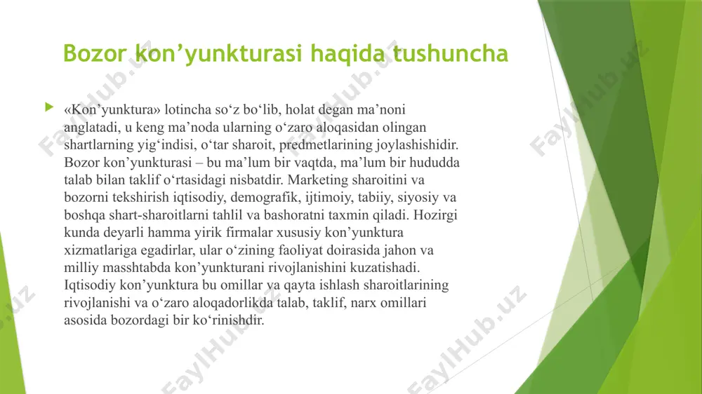 ati qonunlari, nazariyalari hamda tajribasini keng yoyishni takozo qiladi, ya’ni bu holda ekstropolyasiya prognoz qilish amalga oshirilayotgan ob’ektning ilgarigi rivojlantirish tendensiyalariga tayanadi. ekstropolyasiyaning bozor tadqiqotlarida qo‘llaniladigan asosiy modellaridan biri – bu trend modelidir. trend modellari jarayonlarni vaqtga nisbatan o‘zgarishning asosiy yo‘nalishlarini ko‘rsatadi. 4. ekonometrik modellar. ekonometrik modellar iqtisodiy jarayonlar paramerlarining stoxastiklarini nazarda tutgan holda bozor kon’yunkturasining turli ko‘rsatkichlari o‘rtasidagi o‘zaro aloqalar va proporsiyalarni miqdoriy bayon qiladigan regression va balans tenglamalari tuzish orqali ifodalanadi. ekonometrik modellash bozor kon’yunkturasini prognoz qilishda keng qo‘llaniladi. ular ishlab chiqarish va unga ta’sir ko‘rsatuvchi omillar, bozordagi narxlar darajasi, raqobat va unga ta’sir ko‘rsatuvchi omillar, iste’molchilarning ehtiyojlarini tahlil qilish, marketing tadbirlarini amalga oshirish va unga ta’sir qiluvchi omillar o‘rtasidagi va boshqa jarayonlar o‘zgarishni matematik modellar yordamida tahlil qilishga hamda prognoz qilishga yordam beradi. bozor segmentasiyasining mohiyati va uning ahamiyati «bozorni segmentasiyalash» tushunchasi aqshda 1950 yillarda vujudga kelgan. marketing tizimida bozor segmentasiyasi muhim ahamiyatga ega va bozorda talabni …