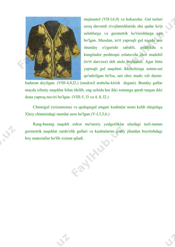 y chinnisidagi rasmlar asos bo'lgan (v-l,3,5,6.) rang-barang naqshli sirkor me'moriy yodgorliklar ulardagi turli-tuman geometrik naqshlar zardo'zlik gullari va kashtalarini ijodiy jihatdan boyitishdagi boy materiallar bo'lib xizmat qiladi. l8-rasm zardo 'ziy chok turlari shu siraga kiruvchi mehrob naqshi odatda uchli ark ko'rinishiga ega bo'ladi. kashta naqshlarining tuzilishiga qarab, zardo'z ustalar buyumlarni ayrim-ayrim guruhlarga bo'ladilar. bezak gullarining joylanish tartibiga ko'ra cho'ponlar bir necha turlarga bo'linadi. darham turidagi choponlar butun yuzaning bir sidra gul naqshlari bilan to'ldirlganligi orqali ajralib turadi. bunda turli katta-kichiklardagi romblar, kvadratlar, to'g'ri burchaklar va hokazolar yo'l-yo'l shaklda qator tuzilib, zich islimiy naqshlar bilan to'ldirib chiqiladi. to'rt yaproqli qubba-madoxil, uch yaproqli qubba, uch-to'rt yaproqchali buta va butachalari, majnuntol, ayrim-ayrim joylashgan olti va sakkiz yaproqli gullar, lola shu naqshlarga kiradi. ko'pincha gul va yaproq naqshlari doira markazidagi gul va markaz atrofida aylana shaklida joylashib, geometrik shakllar tagzamini to'ldirib turadi. butador uslubidagi zardo'ziy-guldo'ziy erkakcha cho'pon (20-rasm). markaziy qismi va hoshiyasida "bodom" kashtasi …
