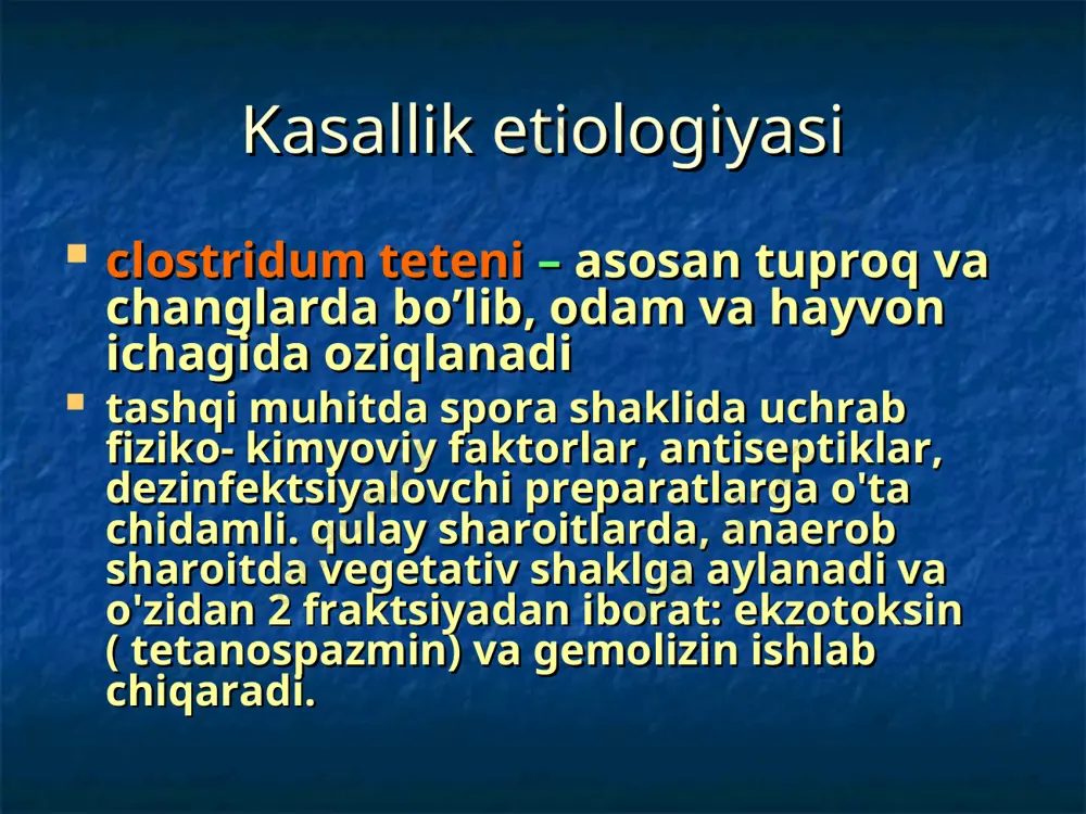 rdinatsiyasi buzilishiga olib keladi. patogenezi motoneyronlarda spontal hosil bo'lgan impul'slar ko'ndalang targ'il mushaklarda beriladi va ularning tonik taranglashishiga olib keladi. mushaklarning uzoq vaqt bunday qisqarishi gipertemiya va metabolik atsidoz rivojlanishiga olib keladi. atsidoz diafragma va qovurg'alararo mushaklarning tonik qisqarishi natijasida yuzaga kelgan o'pka minutlik hajmi pasayishini chuqurlashtiradi. miya stvolidagi retikulyar formatsiya neyronlarining bloklanishi parasimpatik asab tizimi tormozlanishiga, bu esa nafas va yurak faoliyatining to'xtashiga olib kelishi mumkin. klinika. trizm klinikasi (trizm va sardonik kulgi) yashirin davr kasallikda o'rtacha 5-14 kun (qisqa va 1 oygacha bo'lishi mumkin) davom etadi. qoqsholda yuzaga keladigan ilk va xos belgilardan biri trizm, ya'ni chaynov mushaklarining tonik taranglashishi natijasida og'iz ochishning qiyinlashishidir. shu belgi bilan birga “sardonik tirjayish” –mimika mushaklarining spazmi natijasida va “disfagiya” halqum mushaklarining qisqarishi natijasida kuzatiladi. bu uchala belgi klassik uchlik deyiladi. sardonik kulgi klinikasi (opistotonus) ko'ndalang targ'il mushuklarda ekstenzor o'zgarishlar: ensa mushaklar taranglashishi, boshni orqaga tashlash, opustotonus- umurtqa pog'onasining haddan tashqari yozilishi, …