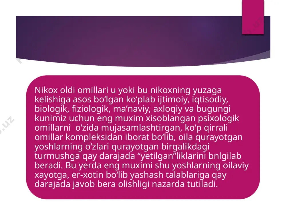 lariga duch kelinadi. ayniqsa, oilaviy xayotni tasavvur qilish, unda о‘z о‘rnini baxolash masalasida yoshlarimiz kо‘proq xatoga, о‘zlarini ortirib baxolashga, oilaviy xayotdan mumkin bо‘lganidan kо‘proq narsani kutish xollari kо‘proq kuzatiladi. natijada mufavvaqiyatsizlik, pushymon bо‘lishlar, asab buzilishlar yuzaga keladi. psixologik yetuk shaxs esa aksincha, о‘z oldiga erishishi muqarrar bо‘lgan, bunga imkrniyatlari yetarli bо‘lgan maqsadlarni qо‘yadi, о‘z xayot yо‘lini va unga erishish vositalari xamda usullarning tо‘g‘ri belgilaydi. bunday shaxs о‘z xissiyoti, kechinmalarini yetarlicha nazorat qilib bilishligi, ya’ni ichki intizomning yuqori rivojlanganligi bilan xarakterlanib turadi. psixologik yetuklik о‘zga shaxslarning xoxish , istaklari, kechinmalarini tushunish bilan ma’lum darajada bog‘liq. bu о‘z navbatida muloqatning, xamkorlikning yaxshi yо‘lga qо‘yilishiga, oilada, turli guruxlarda gormonik munosabatlarning о‘rnatilishiga imkon beradi. a xulosa qilib aytganda: turli yoshdagi, mansab, lavozim, toifadagi odamlar bilan, qiziqishi, odatim, ta’bi, turmush tarzi mutloqa boshqacha bо‘lgan odamlar bilan erkin va mantiqlimunosabatda bо‘la olish- shaxs psixologik yetuklikning asosiy xususiyatlaridan biridir. yoshlar oila qurayotganlarida bu xususiyatlar xal qiluvchi bо‘lib …