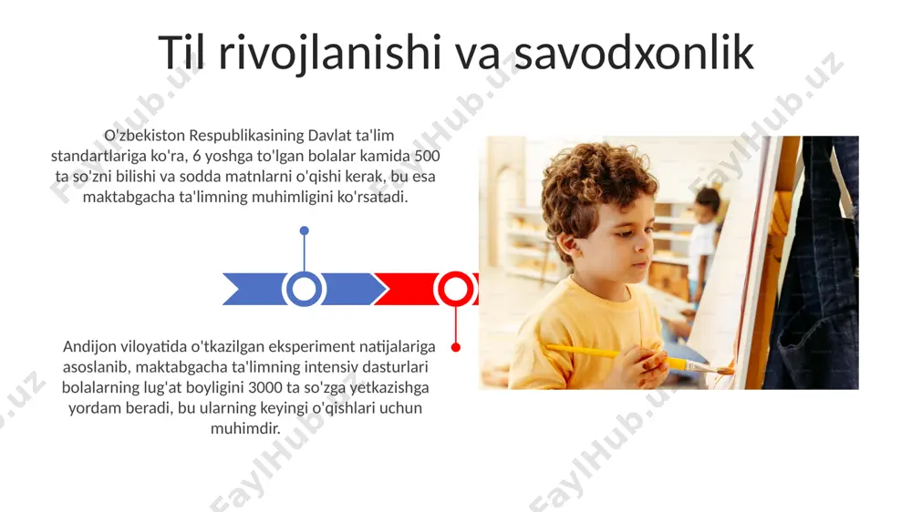 shuni ko'rsatadiki, bu davr kelajakdagi o'qishga tayyorgarlik uchun muhimdir. "ijodiy ifoda etish" fanidan 7 yoshgacha bo'lgan bolalar uchun mo'ljallangan o'quv dasturida 15 tadan ortiq turli xil ijodkorlik texnikalari, jumladan, rasm chizish, haykaltaroshlik va musiqa qo'llaniladi. bolalar bog'chalarida 3-5 yoshli bolalar uchun ijodkorlikni rivojlantirishga qaratilgan 20 dan ortiq turli xil dasturlar mavjud bo'lib, ularning aksariyati toshkent shahridagi muassasalarda qo'llaniladi. ijodiylik va ifoda etish oila va maktabgacha ta'lim muassasalari o'rtasidagi hamkorlik surxondaryo viloyatining qarshi shahridagi 3 ta maktabgacha ta'lim muassasasi va 2 ta oilaviy klinikalar o'rtasida sog'lom turmush tarzini targ'ib qilish va bolalarning jismoniy rivojlanishini kuzatish bo'yicha hamkorlik shartnomasi imzolandi. toshkent shahridagi 10 ta oila va 7 ta xususiy maktabgacha ta'lim muassasasi o'rtasida bolalar rivojlanishi bo'yicha ma'lumot almashish va qo'llab-quvvatlash tizimi yo'lga qo'yildi, bu 20% ga samaradorlikni oshirdi. kelajak uchun investitsiya 2023-yil rejalari “kelajak uchun investitsiya” dasturi doirasida mamlakat boʻylab qoʻshimcha 300 ta bolalar bogʻchasini qurish va mavjud 500 ta bolalar bogʻchasini …