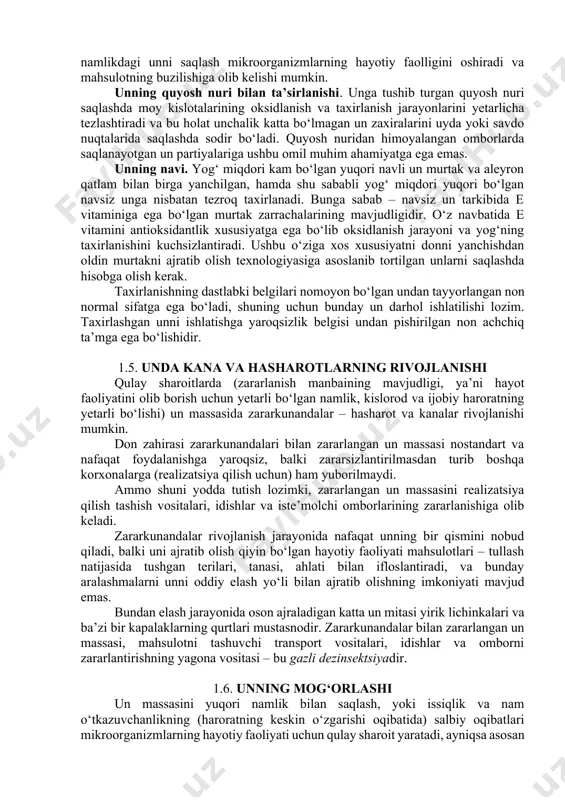 dorining ortishida nomoyon bo‘ladi. shunday qilib, bir qator tadqiqotchilarning fikriga ko‘ra sifatli dondan tortilgan yangi maydalangan unda kislota soni 100 gr mahsulotda 15...20 koh ni tashkil etadi; unni saqlash davrida bu ko‘rsatkich ortib boradi va bir oyda, ayniqsa yuqori haroratlarda (35℃ dan yuqorida) bu ko‘rsatkich 100 gr mahsulotda 50...60 koh ni tashkil etishi mumkin. unning titrlanuvchi kislotaligini ortishi 10...15℃ haroratdan yuqori ko‘rsatkichlarda kuzatiladi (unni 15℃ haroratda 24 kun tajriba tariqasida saqlanganda titrlanuvchi kislotalik ko‘rsatkichi 4,1º dan 4,2º ga, 45℃ haroratda esa 4,1º dan 4,6º ga oshgan). un o‘z yangiligini yo‘qotishi nafaqat haroratning, balki namligini ortishi bilan oshib boradi. unning titrlanuvchi kislotaligi va yog‘ning kislota soni mahsulotning yangiligi va saqlash davomiyligini belgilovchi ishonchli ko‘rsatkich hisoblanadi. yuqori titrlanuvchi kislotalik va yog‘ kislotalar soniga ega bo‘lgan un mahsuloti yangi hisoblanmaydi, chunki bunday mahsulot past nonboplik xususiyatiga ega va hattoki non yopish uchun umuman yaroqsiz bo‘lishi mumkin. 1.4. unning taxirlanishi saqlash jarayonida un sifatining …