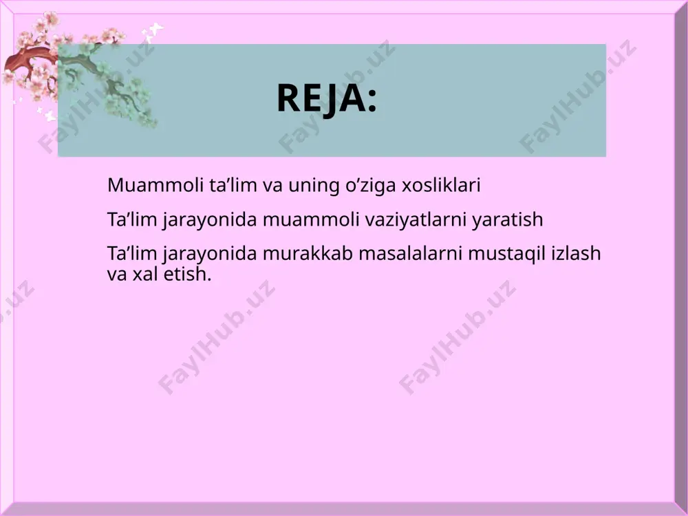 uammoli vaziit, kutilgan xayrat va ma’liyo bo’lishdan boshlanadi, degan xulosalari haqiqatga yaqin ekanligini ko’rsatadi. o’qitish sharoitida insonning o’sha psixik, emotsional “xissiy holati unga fikrlash va aqliy ishlash uchun o’ziga xos turtki vazifasini bajaradi. muammoli vaziyat muayyan pedagogik “vositalarda maqsadga muvofiq tashkil etiladigan o’ziga xos o’qitish sharoitida yuzaga keladi. shuningdek, o’rganilgan mavzular xususiyatlaridan kelib chiqib, bunday vaziyatlarni yaratishning maxsus usullarini ishlab chiqish zarur. shunday qilib, o’qitishda muammoli vaziyat shunchaki “fikr yo’lidagi kutilmagan to’siq” bilan bog’langan aqliy mashaqqat holati emas. u bilish maqsadlari maxsus takozo qilgan aqliy taranglik holatidir. bunday vaziyat negizida avval o’zlashtirilgan bilim izliri aa yangi yuzaga kelgan vazifani xal qilish uchun aqliy va amaliy xarakat usullari yotadi. bunda xar qanday mashaqqat muammoli vaziyat bilan bog’liq bo’la bermasligini taokidlash o’rinli bo’ladi. yangi bilimlar avvalgi bilimlar bilan bog’lanmasa, aqliy mashakqat muammoli bo’lmaydi. bunday mashaqqat aqliy izlanishni kafolatlamaydi. muammoli vaziyat xar qanday fikrlash mashaqqatlaridan farq qilib, unda talaba mashaqqat talab qilgan oboekt …