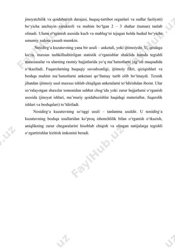 buzishlar haqidagi materiallar, fuqarolik ishlari va boshqalari) to‘ldiriladi. nosidirg‘a kuzatuvning so‘nggi usuli – tanlanma usuldir. u nosidirg‘a kuzatuvning boshqa usullaridan ko‘proq ishonchlilik bilan o‘rganish o‘tkazish, aniqlikning zarur chegaralarini hisoblab chiqish va olingan natijalarga tegishli o‘zgartirishlar kiritish imkonini beradi. foydalanilgan adabiyotlar: 1. luneev v.v. yuridicheskaya statistika. - m.: yurist, 1999. – 428 s. 2. madaliyev o.m. sud statistikasi. o‘quv qo‘llanma. - t.: tdyui, 2006. 3. madaliyev o.m. sud statistikasi: o‘quv qo`llanma. - t.: tdyui nashriyoti, 2009. – 289 b.
