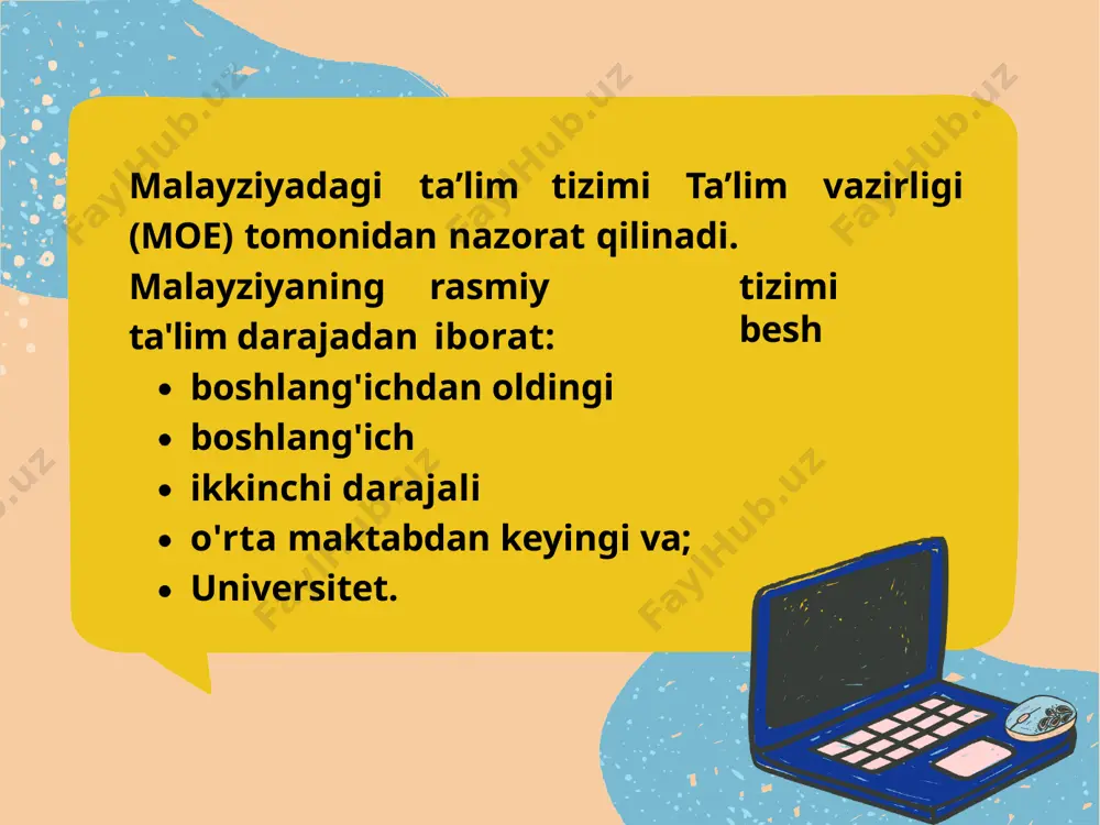 sitetga tayyorgarlik ko'rish uchun talabalar o'rta maktabdan keyin 1-2 yil o'qishlari mumkin. bakalavr darajalari uchun 12 yillik boshlang'ich va o'rta ta'lim kerak. malayziya hukumati asosiy, oʻrta va oliy taʼlimning 95% va 60% ni moliyalashtiradi. mqa davlat va xususiy maktab sifatini kafolatlaydi. oliy ma'lumot oliy o'quv yurtlari darajalar, diplomlar, sertifikatlar va boshqalarni beradi. bakalavr darajalari uch yil davom etadi va davlat va xususiy kollejlar tomonidan taqdim etiladi va ko'plab chet ellik talabalarni jalb qiladi. oliy maktabgacha ta'limda olti turdagi ta'lim muassasalari mavjud: davlat va xususiy maktabgacha ta’lim muassasalari davlat umumiy byudjeti tomonidan qo'llab- quvvatlanadigan milliy maktablar davlat tomonidan moliyalashtiriladigan maktablar yoki milliy dizayndagi maktablar, masalan: xitoydagi boshlang'ich maktablarga xos millatchi tamil o'quv dasturiga ega boshlang'ich maktablar oliy ta'lim darajasida universitetlarning asosan ikki turi mavjud: hukumatdan pul oladigan davlat universitetlari, politexnika va jamoat maktablari. xususiy kollejlar va universitetlar xususiy kollej va universitetlarga quyidagilar kiradi: xususiy kollejlar, universitetlar bo'lmagan; universitetlar kollejlari va xususiy …