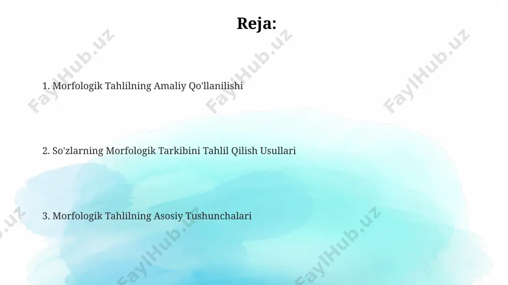 ining morfologik xususiyatlari fe'llar zamon (o‘tgan, hozirgi, kelasi), mayl (xabar, buyruq, shart), shaxs va son kabi 10 dan ortiq morfologik xususiyatlarga ega, jumlada yetakchi o‘rinni egallaydi. sifatlar son (birlik, ko‘plik), daraja (taqqoslash darajalari) va kelishik kabi morfologik belgilarga ega bo‘lib, otlarni xususiyatlari bilan tavsiflaydi. otlar 6 ta morfologik belgi (kishilik, son, kelishik, qo‘shimchalar, jins va aniqlik) ga ega bo‘lib, ularning har biri so‘zning shaklini o‘zgartiradi va ma’nosini aniqlashtiradi. ildiz va qo'shimchalarni ajratish usullari so‘zning morfologik tuzilishini tahlil qilishda, ildiz va qo‘shimchalarning chegaralarini aniqlashda fonetik va semantik usullarni birgalikda qo‘llash samarali hisoblanadi, bu jarayonda 2-3 bosqichdan foydalanish mumkin. ildizni aniqlashda morfologik tahlilning 3 ta asosiy usuli qo‘llaniladi: sintetik, tahliliy va kombinatsion usullar, ularning har biri so‘zning tuzilishiga 1-2 ta qo‘shimcha qo‘shish orqali ildizni ajratib olishga yordam beradi. qo‘shimchalarni ajratishda so‘z yasovchi va shakl yasovchi qo‘shimchalarning funksiyasi va o‘rnini aniqlash muhim, masalan, otlarga 5 ta, sifatlarga 3 ta shakl yasovchi qo‘shimcha qo‘shilishi …