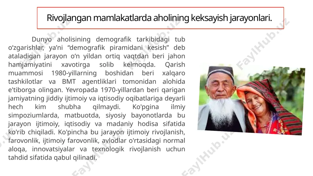 yotgani; tibbiy-ijtimoiy xizmat ko‘rsatadigan xodimlar soni va xizmatlar sifati; keksa kishilarga ijtimoiy xizmat ko‘rsatiladigan hududiy ijtimoiy himoya infratuzilmasi samaradorligi va boshqalar nazarda tutiladi. aholining keksayishi juda uzoq vaqt davomida uning takror barpo bo‘lishidagi o‘zgarishlar, aholi migratsiyasi va urushdan keyingi sanitar-demografik holatlar kabi murakkab omillar tufayli sodir bo‘ladi. bugungi kunda aholi keksayishi jarayonining quyidan yoki yuqoridan rivojlanib borishiga qarab “quyidan keksayish” va “yuqoridan keksayish” kabi turlarga ajratiladi: shunday qilib, iqtisodiy islohotlarning chuqurlashishi sharoitida o‘zbekistonda aholining keksayish jarayoni rivojlanmoqda. bu hol, o‘z navbatida, respublikada tug‘ilish va o‘lim ko‘rsatkichlarining kamayishi, aholining tug‘ilganda kutilayotgan hayot davomiyligining uzayishi bilan bog‘liq. ijtimoiy gerontologiyada ilmiy tadqiqot. ijtimoiy gerontologiyada ilmiy tadqiqot. shubhasiz, yuqoridagi omillar jamiyat hayotidagi ob'ektiv o'zgarishlarning faqat uchini ifodalaydi. ularga keng doiradagi sub'ektiv omillarni qo'shish kerak, bu esa, albatta, insonning, "keksalar jamiyati"da istiqomat qiluvchi har qanday avlod vakilining ichki dunyosini o'zgartiradi. demak, qarish ham individlar, ham butun aholi rivojlanishining muqarrar elementidir. shaxs, jamiyat taraqqiyotida yoshlik, kamolot, …