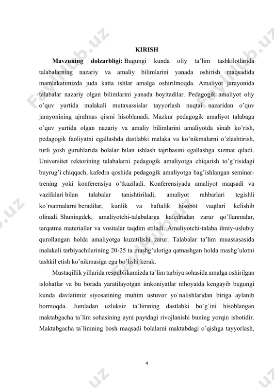 biliyatlarini rivojlantirish. kurs ishining vazifasi: ilk qadam o’quv dasturi bo’yicha faoliyat markazlarida bolalarning sezish qobiliyatlarini rivojlantirishning ahamiyati hamda uni o‘rganilish bosqichlari. kurs ishining tashkiliy tuzilmasi:ushbu kurs ishi 3 ta bob 9 ta reja hamda xulosa va foydalanilgan aadabiyotlardan iborat. i.bob. “ilk qadam” davlat o‘quv dasturi. 1.1. “ilk qadam” davlat o‘quv dasturi va uning tarkibiy qismlari respublika prezidentining 2017-yil 30-sentabrdagi pq-3305-son “o‘zbekiston respublikasi maktabgacha ta’lim vazirligi faoliyatini tashkil etish to‘g‘risida”gi qarori hamda, 2016-yil 29-dekabrdagi pq-2707-son “2017-2021-yillarda maktabgacha ta’lim tizimini yanada takomillashtirish chora-tadbirlari to‘g‘risida”gi qaroriga muvofiq vazirlar mahkamasining 2017-yil 21-noyabrdagi 929-son “o‘zbekiston respublikasi maktabgacha ta’lim vazirligi to‘g‘risidagi nizomi maktabgacha ta’limga bolalarni sifatli tayyorlash, maktabgacha ta’lim tashkilotlarida moddiy texnika bazasini mustahkamlash, maktabgacha ta’lim tashkilotlarining davlat va nodavlat tarmog‘ini kengaytirish va shu orqali maktabgacha ta’limga bola qamrovini oshirish va sohaga ilg‘or xorij tajribalarini tadbiq qilish imkononi beradi. maktabgacha ta’lim tashkilotlarida ta’lim-tarbiya jarayoni ilk va maktabgacha yoshdagi bolalar rivojlanishiga qo‘yiladigan davlat talablari va “ilk qadam” …
