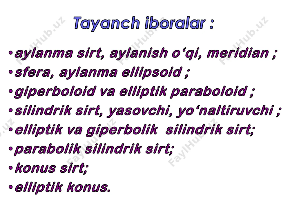 lanma ikki pallali giperboloidni ifodalaydi. tenglama ikki pallali giperboloid tenglamasidir. savol: bu giperboloidning kesimlari qanday chiziqdan iborat bo’ladi? 2 2 + = 2 2 x y z p q p va q teng bo’lganda bu tenglama aylanma paraboloidni ifodalaydi. tenglama elliptik paraboloid tenglamasidir. savol: paraboloidning kesimlari qanday chiziqdan iborat bo’ladi? l chiziqni kesib o’tuvchi va 𝒔 vektor yo‘nalishiga parallel bo‘lgan barcha to‘g‘ri chiziqlar to‘plami silindrik sirt deyiladi. biror l yassi chiziq va bu chiziq yotgan tekislikka parallel bo’lmagan 𝒔 vektor berilgan bo’lsin. bunda l chiziq – silindrik sirtning yo‘naltiruvchisi, l ni kesuvchi to‘g‘ri chiziqlar silindrik sirtning yasovchilari deyiladi. 𝒔 yo‘naltiruvchisi oxy tekisligida yotgan va yasovchilari oz o’qiga parallel bo’lgan silindrik sirtlarni ko’rib chiqamiz. bunday sirtlar tenglamasida z qatnashmaydi. yo‘naltiruvchi chiziqning shakli silindrik sirtning ko’rinishini aniqlaydi. 2 2 2 2 =1 x y a b tenglama fazoda elliptik silindrik sirtni ifodalaydi. 2 2 2 2 =1 x y a b tenglama …