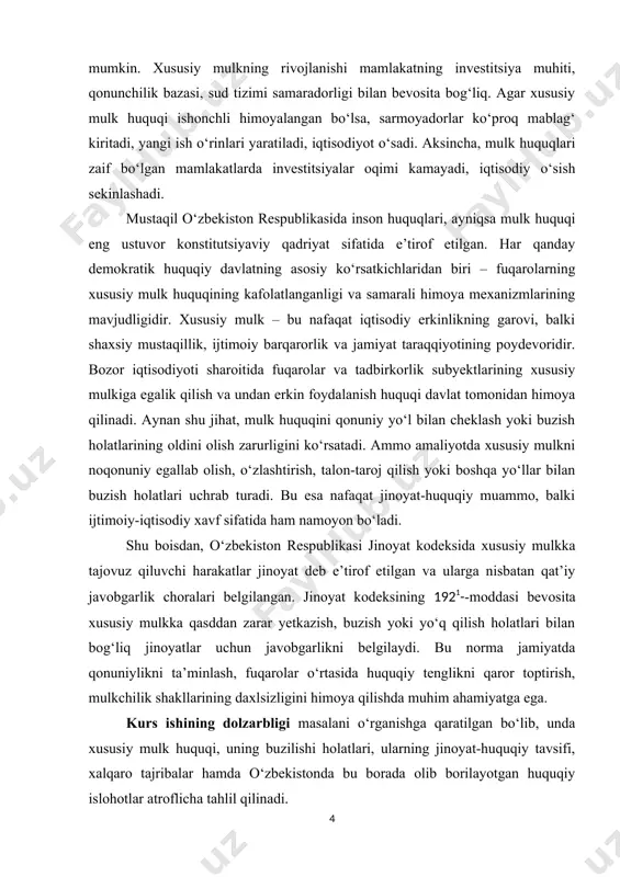 va tadbirkorlik subyektlarining xususiy mulkiga egalik qilish va undan erkin foydalanish huquqi davlat tomonidan himoya qilinadi. aynan shu jihat, mulk huquqini qonuniy yo‘l bilan cheklash yoki buzish holatlarining oldini olish zarurligini ko‘rsatadi. ammo amaliyotda xususiy mulkni noqonuniy egallab olish, o‘zlashtirish, talon-taroj qilish yoki boshqa yo‘llar bilan buzish holatlari uchrab turadi. bu esa nafaqat jinoyat-huquqiy muammo, balki ijtimoiy-iqtisodiy xavf sifatida ham namoyon bo‘ladi. shu boisdan, o‘zbekiston respublikasi jinoyat kodeksida xususiy mulkka tajovuz qiluvchi harakatlar jinoyat deb e’tirof etilgan va ularga nisbatan qat’iy javobgarlik choralari belgilangan. jinoyat kodeksining 1921--moddasi bevosita xususiy mulkka qasddan zarar yetkazish, buzish yoki yo‘q qilish holatlari bilan bog‘liq jinoyatlar uchun javobgarlikni belgilaydi. bu norma jamiyatda qonuniylikni ta’minlash, fuqarolar o‘rtasida huquqiy tenglikni qaror toptirish, mulkchilik shakllarining daxlsizligini himoya qilishda muhim ahamiyatga ega. kurs ishining dolzarbligi masalani o‘rganishga qaratilgan bo‘lib, unda xususiy mulk huquqi, uning buzilishi holatlari, ularning jinoyat-huquqiy tavsifi, xalqaro tajribalar hamda o‘zbekistonda bu borada olib borilayotgan huquqiy islohotlar …