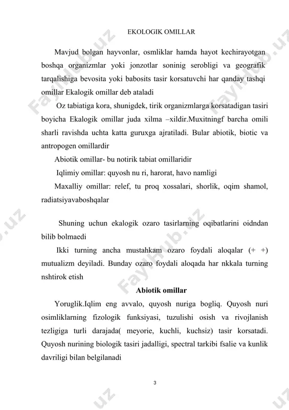 gon, 26% suv buglari mavjud.hayvonlar uchun yashash muxitining asosie elementi - kislorod, erda kislorod yaratuvchi yagona manba __ yashil osimlikdir kislarodni osimlik fotosentes jarayonida. kislorodsiz yonish yoq metalni eritib, koplab kimyoviy birikmalarni sanoat yoli bilan olib xam bolmaydi. ammo atmosferaning sanoat chiqindilari, transport vositalaridan chiqqan zaxarli gazlar bilan ifloslanishi havoda uglerod dioksidi, sero vodorod, oltingugurt oksidi, azod oksidi, uglerod oksidi, miqdorini kopaeishiga olib keladi. bu esa atrof muxit holatigagina emas, balki kishlar salomatligiga ham salbiy tasir korsatadi relef- bu tashqi korinishi, kattaligi, yuzaga kelishi, yoshi va ruvojlanish tarixi boecha har xil er sirtini shakillantirish majbuidir. relef iqlimnning shakillanishiga tasir qiladi, daryolar oqimi yonalish va xarakteri unga bogliq. osmlik va haybonot olami tarqalishi hususiyatlari u bilan chambarchas boglangan biotik omillar ekalogik ozaro tasirlar odatda, nihoyatda murakkab xarakterga ega bolib koplab omillarga bogliq va turli sharoitlarga har xil kechadi i shartdir. har ikki organism uchun foydali hisoblabgan bundae ozaro munosabatlar simbiotik munosabatlar …