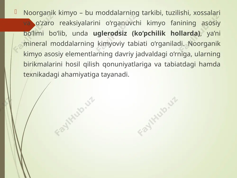 i. kimyoviy element-ma’lum xossaga ega bo‘lgan atomlar to‘plami, ya’ni kimyoviy xossalari bir xil bo‘lgan atomlar turidir. masalan, azot atomlarining bitta turini, azot elementini, xlor atomlarining bitta turi, kimyoviy element xlorni bildiradi. butun koinot, hatto eng uzoq yulduzlar ham kimyoviy elementlardan tarkib topgan. hozirgi kunda 118 ta element ma’lum bo‘lib shulardan 90 tasi tabiatda mavjud. qolgan elementlar sun’iy ravishda yadro reaksiyalaridan foydalanib sintez qilingan. shved olimi y.ya. berseliusning taklifiga ko‘ra kimyoviy elementni belgisi sifatida uning lotincha nomining birinchi yoki birinchi va undan keyingi biror harflarini qo‘yish qabul qilingan. hozirgi zamon tushunchalariga ko‘ra kimyoviy element – bu yadrosining musbat zaryadi bir xil bo‘lgan atomlarning muayyan turidir. molekula. molekula-moddani barcha kimyoviy xossalarini o‘zida mujassamlashtirgan eng mayda zarrachasi. molekulaning kimyoviy xossalarini uning tarkibi va tuzilishi belgilab beradi. zamonaviy kimyo nuqtai nazaridan molekula bu atomlarning kimyoviy bog‘lar yordamida hosil qilgan elektroneytral majmuasi. moddalarning kimyoviy xossalari ularning tarkibiga kiruvchi molekulalar tarkibi va tuzilishi bilan aniqlanadi. shunday …