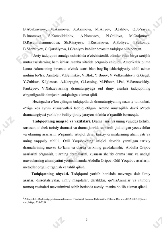 iew.-usa.2005.2(summer,64) pp.333-3354] hozirgacha e’lon qilingan tadqiqotlarda dramaturgiyaning nazariy tomonlari, o‘ziga xos ayrim xususiyatlari tadqiq etilgan. ammo mustaqillik davri o‘zbek dramaturgiyasi yaxlit bir badiiy-ijodiy jarayon sifatida o‘rganilib bormoqda. tadqiqotning maqsad va vazifalari. drama janri va uning vujudga kelishi, xususan, o‘zbek tarixiy dramasi va drama janrida samarali ijod qilgan yozuvchilar va ularning asarlarini o‘rganish; istiqlol davri tarixiy dramalarining ahamiyati va uning taqqosiy tahlili, odil yoqubovning istiqlol davrida yaratilgan tarixiy dramalarining mavzu ko‘lami va ularda tarixning gavdalanishi; abdulla oripov asarlarini o‘rganish, ularning dramalarini, xususan she’riy drama janri va undagi mavzularning ahamiyatini yoritish hamda abdulla oripov, odil yoqubov asarlarini metodlar orqali o‘rganish va tahlil qilish. tadqiqotning obyekti. tadqiqotni yoritib borishda mavzuga doir ilmiy asarlar, dissertatsiyalar, ilmiy maqolalar, darsliklar, qo‘llaanmalar va ijtimoiy tarmoq vositalari mavzuimizni ochib berishda asosiy manba bo‘lib xizmat qiladi. tadqiqotning predmetini ijodi asosiy obyekt bo‘lgan ijodkorlar asarlaridagi dialoglarning nazariy asoslari va matndagi vazifasi, badiiy talqin xususiyatlarini tadqiq etish tashkil etadi. tadqiqotning ilmiy …