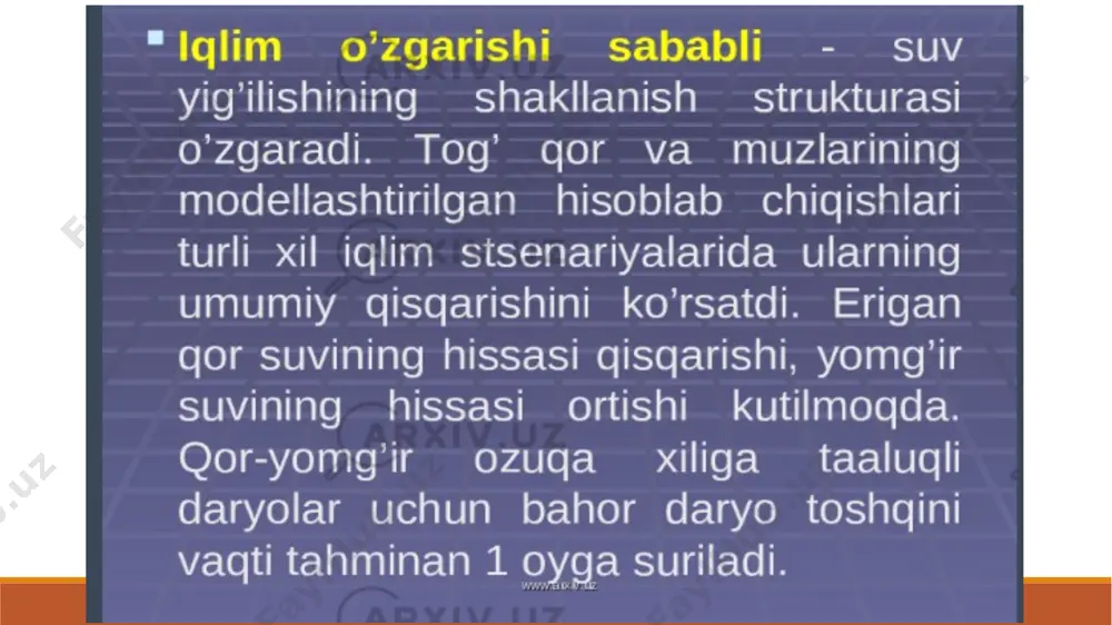g prognozidan 10 barobar ko‘p. olimlarning hisob-kitobicha, 2000 yildan 2018 yilgacha toshqinlar sayyoramizning 2,23 mln kvadrat kilometrlik hududiga zarar keltirgan, toshqinlardan 290 millionga yaqin kishi jabr ko‘rgan. suv toshqinlarining qariyb 90 foizi janubiy va janubi-sharqiy osiyo mamlakatlariga, ayniqsa hind, ganga-braxmaputra va mekong daryolari mintaqasiga to‘g‘ri kelmoqda. bundan tashqari, sun'iy yo‘ldosh ma'lumotlari lotin amerikasining janubiy qismi, yaqin sharq va afrika mamlakatlarida ham suv toshqinlari ko‘payganini ko‘rsatadi. iqlim va demografik o‘zgarishlar tufayli 2030 yilga borib suv toshqinlari yana 25ta mamlakatda yuz bera boshlashi prognoz qilinmoqda. greenpeace australia pacific tadqiqotlar bo‘limi boshlig‘i nikola kazulening ta'kidlashicha, global isish oqibatida tinch okeanidagi ayrim orol davlatlar yo‘q bo‘lib ketishi mumkin. «dunyo okeani sathining ko‘tarilishi kiribati, vanuatu va sulaymon orollarini yashash uchun yaroqsiz holga keltiradi», deydi mutaxassis. ma'lumot berilishicha, 1900 yildan buyon dunyo okeani sathi 20 santimetrga ko‘tarilgan. iqlim o‘zgarishining asosiy sababi nimada? mutaxassislar iqlim o‘zgarishining asosiy omili issiqxona effekti ekanligini ta'kidlashadi. quyoshdan kelgan issiqlikning yer sathida …