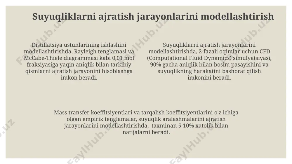 qiladigan suyuqliklarni ajratish uchun juda samarali vositaga aylantiradi. yog'ni suvdan ajratish, sutdan yog'ni ajratish yoki bio-yoqilg'ini qayta ishlash kabi sanoat jarayonlarida, sentrifugalarning ishlatilishi yuqori samaradorlik va aniqlikni ta'minlaydi, 5000 rpm dan yuqori tezlikda ishlashi mumkin. sentrifugalarning 3 ta asosiy turi mavjud: diskli, shnegli va vertikal, ularning har biri turli xususiyatdagi suyuqliklarni ajratish uchun mo'ljallangan va 1000-10000 rpm tezlikda ishlaydi. suyuqliklarni aralashtirish jarayonlarini modellashtirish power number (np) – aralashtirgichning quvvat sarfini tavsiflaydigan o'lchovsiz parametr bo'lib, u geometrik o'lchamlar va reynold soniga bog'liq. np qiymatlari 0,1 dan 10 gacha o'zgarishi mumkin. suyuqliklarni aralashtirish jarayonlarini modellashtirishda reynolds soni (re) 10 dan kam bo'lganda laminar, 10 dan yuqori bo'lganda esa turbulent oqim rejimi kuzatiladi, bu esa aralashtirish samaradorligiga sezilarli ta'sir ko'rsatadi. suyuqliklarni aralashtirish jarayonlarini cfd (computational fluid dynamics) yordamida modellashtirish, turli xil aralashtirgichlarni optimallashtirish va aralashtirish jarayonining 3d vizualizatsiyasini olish imkonini beradi, bu esa 10% gacha energiya tejashga olib kelishi mumkin. xavfsizlik choralari va …