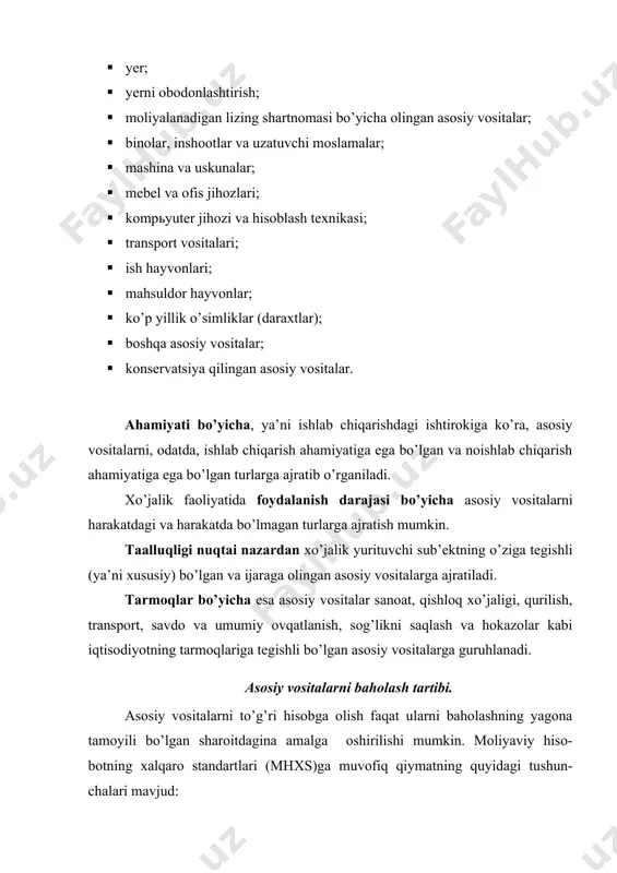 ini hisobga olgan holda ma’lum davrda qayta baholanadi. qayta baholash o’zbekiston respublikasida hukumat qaroriga muvofiq amalga oshiriladi. qayta baholash natijasidan keyingi asosiy vositalar qiymati qayta tiklash qiymati deb ataladi. bunday qayta baholashlar bizni mamlakatimizda 1925, 1945, 1960, 1972, 1992, 1995, 1997 va 2001, 2003 yillarda o’tkazilgan. qayta baholash amalga oshirilgan fursatdan boshlab ob’ektning qayta tiklash bahosi uning bosh-lang’ich qiymati hisoblanadi. joriy qiymat - bu ma’lum sanada amal qilayotgan bozor baholari bo’yicha asosiy vositalarning qiymati yoki o’zaro manfaatdor tomonlar o’rtasida aktivlar-ni almashtirish mumkin bo’lgan summadir. asosiy vositalar ishlatilishi jarayonida eskiradi va buning oqibatida esa uning boshlang’ich qiymati kamayib boradi. asosiy vositalarni o’z texnik-iqtiso- diy sifatlarini sekin-asta yo’qotib borishini pul ko’rinishida ifodalanishi ularni eskirishi deb aytiladi. qoldik qiymat - asosiy vositalarning boshlang’ich qiymati yoki joriy qiymatidan to’plangan eskirish summasini ayirmasidan keyingi hisobotda aks ettiriladigan qiymatdir. тugatish qiymati - bu asosiy vositalarning foydali xizmat qilish muddati oxirida asosiy vositalarni tugatishda paydo bo’ladigan qiymatdan …