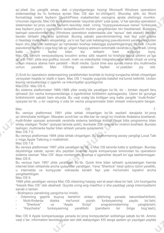 to’xtamasa kerak. biz uchun uning to’xtamagani ham yaxshi. chunki raqobatdan faqat siz va biz – foydalanuvchilar yutamiz. sifatli operatsion tizimlar ana shu raqobatning mevasi bo’lishi aniq. siz nima deysiz?… macos operatsion sistemasi haqida hozirgi axborot texnologiyalari rivojlangan paytda, kompyuterlar har bir oila, korxonalarga kirib borgan paytda operatsion sistemalar orasida “macintosh” degan so`zni uchratib qolamiz. bunaqa kompyuterlarning egalarini o`z kompyuterlariga bo`g`lanib qolganlari, u bilan faxrlanishlari bizni hayratga soladi. xo`sh, bu kompyuterlarning shunchalik o`ziga tortuvchi tomonlari nimalar? qulay korpus, kuchli protsessorlarmi yoki tezkor xotirami? “apple” firmasi tomonidan yaratilgan bu kompyuterlarda garchi sanab o`tganlarimning barchasiga katta e’tibor berilsada, macintoshni yaratilganidan boshlab to hozirgi kungacha “macintosh” qilgan asosiy komponent bu – mac operatsion sistemasidir. men hozir shu operatsion sistema haqida batafsil ma’lumot bermoqchiman. 1)mac operatsion sistemasi birinchi bo`lib 1984 – yilda apple firmasi tomonidan yaratilgan birinchi macintosh shaxsiy kompyuteri bilan birga ommaga havola etildi. dunyoda birinchi bo`lib grafik interfeys orqali ishlovchi bu os o`sha …