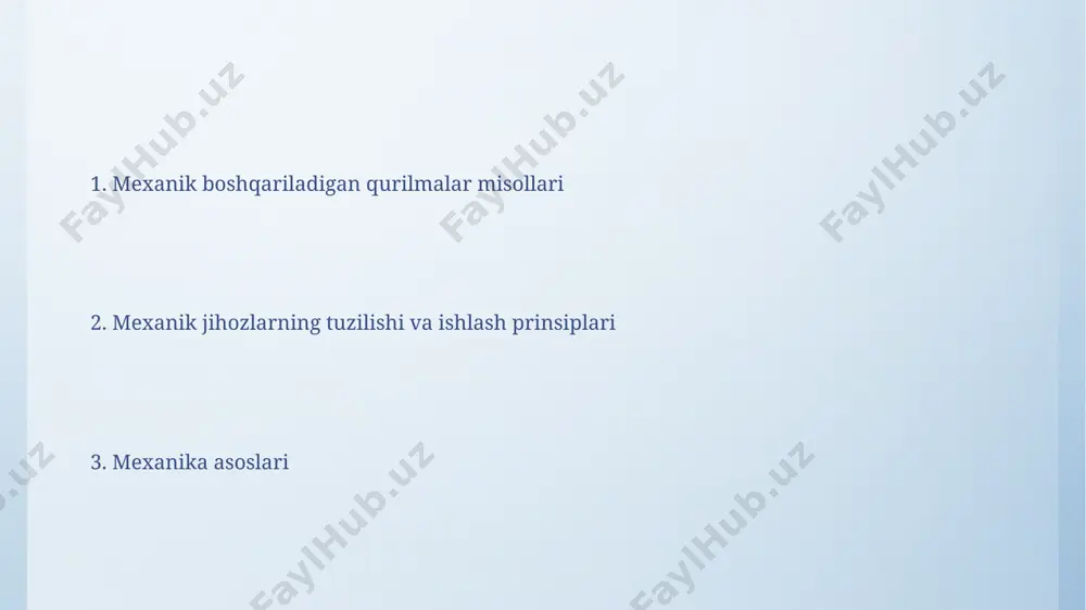. mexanikaning asosiy tamoyillari mexanikaning asosiy tamoyillaridan biri – kuchlarning muvozanati va harakatining 3 ta asosiy qonuni bo'lib, ular jismlarning tezlanishi va massasi o'rtasidagi bog'liqlikni aniqlaydi. oddiy mexanizmlar, masalan, 2-turdagi va 3-turdagi qo'l, kuchning yo'nalishini o'zgartirish yoki kuch sarfini kamaytirish uchun ishlatiladi. e'tiboringiz uchun rahmat @taqdimot_robot image4.png image5.jpg image6.jpg image7.jpg image8.jpg image9.jpg image3.jpeg