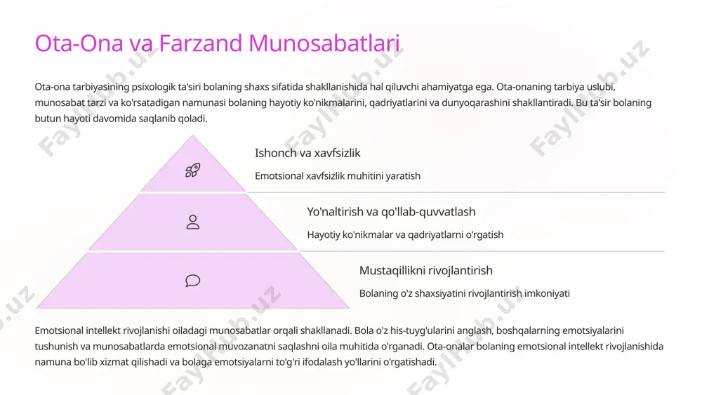 ing ijtimoiy konteksti oilaning jamiyatdagi o'rni va ahamiyatini belgilaydi. jamiyatdagi o'zgarishlar, siyosiy, iqtisodiy va ijtimoiy sharoitlar oilaviy munosabatlarga bevosita ta'sir ko'rsatadi. bu ta'sir oila tuzilmasi, rollari va qadriyatlarining rivojlanishiga olib keladi. ijtimoiy siyosat oilani qo'llab-quvvatlash dasturlari ijtimoiy himoya tizimlari oila huquqlarini himoya qilish madaniy omillar milliy an'analar va urf-odatlar diniy ta'sirlar zamonaviy madaniy tendentsiyalar iqtisodiy sharoitlar ish bilan bandlik imkoniyatlari turmush darajasi moddiy ta'minot manbalari jamiyat va oila o'rtasidagi bog'lanish ikki tomonlama bo'lib, har ikkisi bir-birini shakllantirishda ishtirok etadi. sog'lom oilalar barqaror jamiyatning asosini tashkil etsa, jamiyatdagi ijobiy o'zgarishlar oilalarning rivojlanishiga ijobiy ta'sir ko'rsatadi. bu o'zaro ta'sir jamiyatning barqaror va uzoq muddatli rivojlanishi uchun muhim ahamiyatga ega. 9 oila psixologiyasida zamonaviy tendentsiyalar texnologiyalarning oilaviy munosabatlarga ta'siri kun sayin ortib bormoqda. raqamli texnologiyalar va ijtimoiy tarmoqlar oilaviy muloqot shakllarini o'zgartirmoqda. ular masofaviy muloqotni osonlashtirsa-da, bevosita muloqotning kamayishiga olib kelishi mumkin. bu o'zgarishlar oilaviy dinamikaga sezilarli ta'sir ko'rsatmoqda. yangi oilaviy modellar zamonaviy …
