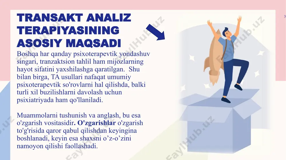 o'zimizni hozir xohlaganimizdek ifoda etsak; noz qilsak, uyalsak; aldasak; biz hozirgi impulslarimiz va istaklarimiz bilan harakat qilsak. moslashuvchan bola - bu "kattalarga bo'ysunadigan va ularga mos kelmaslikdan qo'rqadigan bola". biz ushbu qismni quyidagi hollarda namoyon qilamiz: atrofimizdagilarga moslashganimizda; iltimos yoki xushomad qilganimizda; biz maqtovga sazovor bo'lishni va kimningdir noroziligidan qochishni xohlaganimizda; mas'uliyatdan qochganimizda; tashabbus ko'rsatishdan saqlanganimizda; biz tushkunlikka tushganimizda va o'zimizga ishonchimiz pasayganda. buzg’unchi bola voyaga yetgan (katta) ego holatlari bizning ichimizdagi "kattalar": vaziyatni va o'z imkoniyatlarini oqilona baholashadi; doim harakat qilishga tayyor; hayot haqiqatiga yaxshi moslashishadi; yuqori darajadagi tashkiliylik; o'ylangan maqsadli harakatlar qilishadi; mantiqiy fikrlashadi; keraksiz his-tuyg'ularsiz; hayot “shu yerda va hozir“ iborasiga amal qilishadi. biz ushbu holatda bo'lamiz, qachonki: ishlaganimizda va pul topganimizda; imkoniyatlarimizni oqilona baholash asosida rejalar tuzganimizda va aniq maqsadlarimizni o’ylaganimizda; boshqalar bilan teng huquqli muloqot qilganimizda; biz eng maqbul yechimni topishga intilganimizda (o'zimiz va boshqalar uchun) biz o'zimizni xotirjam va ishonchli his qilganimizda; biz hech …