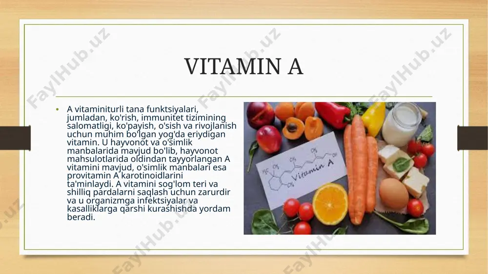 keladi. neyronlarning o'limi erkin radikal ishlab chiqarishning ko'payishi bilan bog'liq bo'lib, oksidlovchi stress tiamin etishmovchiligi bilan bog'liq miya shikastlanishida muhim rol o'ynashi mumkinligini ko'rsatadi. tiamin hujayra ichidagi glyukoza almashinuvida asosiy rol o'ynaydi va tiamin glyukoza va insulinning arterial silliq mushak hujayralari proliferatsiyasiga ta'sirini inhibe qiladi, deb ishoniladi tiaminni turli xil ovqatlarda topish mumkin, jumladan: parrandachilik fasol boyitilgan non va don mahsulotlari to'liq donalar cho'chqa go'shti yong'oq no'xat xamirturush vitamin b2 riboflavin sifatida ham tanilgan b2 vitaminienergiya ishlab chiqarishda va turli metabolik jarayonlarda hal qiluvchi rol o'ynaydigan suvda eriydigan vitamin. bu energiyani chiqarish uchun uglevodlar, oqsillar va yog'larni parchalash uchun zarurdir, shuningdek, umumiy hujayra funktsiyasi va sog'lom teri, ko'zlar va asab tizimini qo'llab-quvvatlaydi. oziqlantiruvchi omil sut, tuxum, solodli arpa, jigar, buyrak, yurak va bargli sabzavotlarda mavjud. eng boy tabiiy manba xamirturushdir. erkin shaklda faqat ko'zning to'r pardasida, zardobda va siydikda paydo bo'ladi; uning to'qimalar va hujayralardagi asosiy shakllari flavin mononukleotid va …