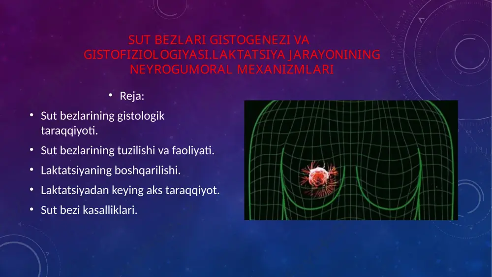 tugaydi. balog’at yoshiga yetguncha sut bezlari har ikki jinsda bir xil tuzilishga ega bo’lib,rivojlanaytogan epiteliy naylarda joylashgan biriktiruvchi to’qimadan iborat.har ikkala jinsda sut bezlarining tarqqqiyotidagi farq balog’at yoshiga yetganda boshlanadi. sut bezi taraqqiyoti erkak va ayollar uchun homila taraqqiyoti 2chi oyi homilaning tug’ilishi balog’at yoshi reduksiya bez rivoji jadallashuvi erkak jinsi uchun ayol jinsi uchun balog’at yoshidan keyin bez faoliyati tugaydi,taraqqiyoti to’xtaydi,reduksiyalanadi.qiz bolalarda esa bez naylaridan yoki sut yo’llari deb ataluvchi naylardan yon o’simtalar hosil bo’ladi,ularning oxirlarida qopchasimon kengaymalar—sekretor oxirlari(alveolalar)yoki atsinuslar paydo boladi.hamma bezlar zo’r berib kattalashadi va yirik murakkab nay alveolali bez ko’rinishiga keladi.bir vaqtning o’zida biriktiruvchi to’qimada yog’ hujayralari yig’ila boshlaydi,bu sut bezlariga qavariq shakl beradi.sut bezlarining tarqqiyoti va tuzilishi homiladorlik va laktatsiya davrida nihoyasiga yetadi. shunday qilib,ayollarda sut bezlarining tarqqiyoti tuxumdon faoliyatining boshlanishi bilan bog’liq.klimaks davrida tuxumdonda gormon hosil bo’lishi susaya boshlaganda sut bezlari ham involyutsiyaga uchragan bo’ladi. sut bezlari tuzilishi sut bezlarining tuzilishi va faoliyati homiladorlik …