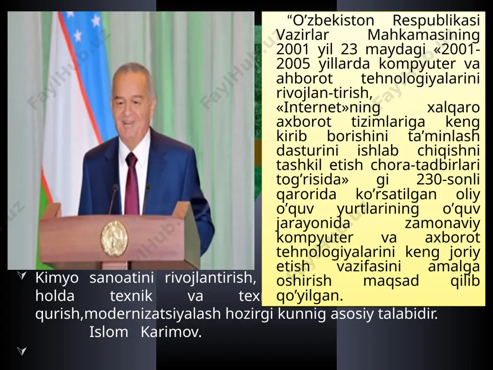nyo uchun ochiq ekanligimiz mazkur boyliklardan foydalanish uchun ajoyib imkoniyat yaratmoqda. islom karimov kompaniya loyihasi yurtboshimiz tashabbusi bilan qorovulbozor tumanida neftni qayta ishlash zavodi ishga tushirilganiga 18 yil to`lmoqda. fransiyaning "teknip" kompaniyasi loyihasi asosida qurilgan ushbu zavodning texnologik jarayonini shakllantirishda fransiyaning neft instituti, amerikaning "merikem" va gollandiyaning "komprimo" kompaniyalari litsenziyalaridan foydalanildi. zavod bir yilda 2,5 million tonna neft va gaz kondensatini qayta ishlash quvvatiga ega. uning avtobenzin, aviakerosin, dizel yoqilg`isi, uglevodorod eritgichi, mazut, suyultirilgan gaz, oltingugurt kabi mahsulotlari xaridorgir. mahsulot sifatini yaxshilash bu yerda mahsulot sifatini yaxshilash, uni xalqaro standartlarga moslash dasturlari bo`yicha yuqori oktanli "ai-91", "ai-95" rusumli avtobenzinlar ishlab chiqarish texnologiyasi o`zlashtirildi. 2008 yil noyabr oyidan boshlab ekologik jihatdan toza va sovuq haroratga chidamli dizel yoqilg`ilari ishlab chiqarish yo`lga qo`yilgani yana bir yangilik bo`ldi. bundan tashqari, "boing" va "aerobus" rusumli havo laynerlariga mo`ljallangan "djet-a-1" rusumli aviatsiya yoqilg`isi ishlab chiqarila boshlandi. xorijlik ekspertlar sinovidan a’lo darajada o`tgan bu mahsulot "o`zbekiston …