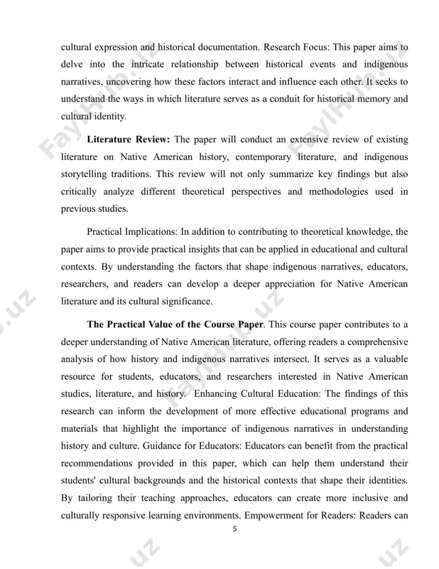 es in contemporary literature: this chapter explores the themes, motifs, and narrative techniques used by contemporary native american authors to convey historical and cultural experiences. it discusses the contributions of prominent authors and provides an in-depth analysis of selected literary works. · conclusion: the conclusion summarizes the key findings of the study, emphasizing their significance and potential impact on the understanding of native american literature. it offers recommendations for educators, researchers, and readers based on the study's findings. chapter i: historical context in native american literature 1.1. historical overview native american literature is deeply intertwined with the historical experiences of indigenous peoples. the pre-colonial era was characterized by diverse and thriving cultures, each with its own social structures, spiritual beliefs, and languages. the arrival of european colonizers marked the beginning of profound and often violent changes for native american communities. the trail of tears, a series of forced relocations of …