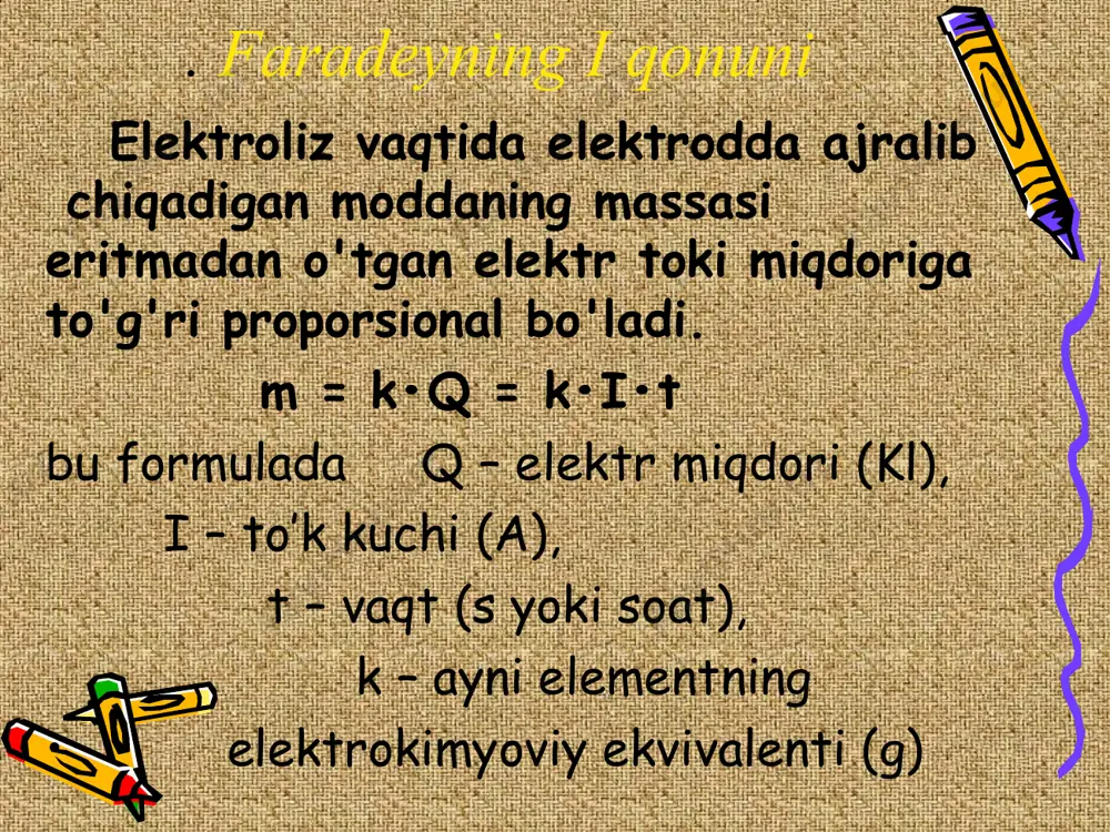 an jarayon quyidagicha: pbo2 + 2e + 4h+ + so4-2 pbso4 + 2h2o akumulyatorda boradigan ikkala jarayonni quyidagicha bir tenglama bilan ifodalash mumkin. zaryadlanish 2pbso4 + 2h2o pb + pbo2 + 4h+ + 2so4-2 zaryadsizlaniish akumulyator ishlayotganda (zaryadsizlanish vaqtida) h+ va so4-2 ionlar sarf bo’lganligidan, sul’fat kislotaning konsentrasiyasi kamayadi. qo’rg’oshinli akumulyatorning elektr yurituvchi kuchi 2,2 vol’t gat eng. bir necha akumulyator bir-biriga ulansa, akumulyatorlar batareyasi hosil bo’ladi. ishqorli akkumulyatorlar. ishqorli akkumulyatorlardan ko’p ishlatiladigani temir nikelli akkumulyatorlar. bu akkumulyatorda manfiy elektrod sifatida presslangan temir kukuni, musbat elektrod sifatida nikel’ gidroksid xizmat qiladi. elektrolit sifatida koh ning 30 % li eritmasi olinadi. bu akkumulyator qo’rg’oshinli akkumulyatordan ancha engil va chidamlidir. manfiy elektrodda: fe – 2e + 2oh- = fe(oh)2 musbat elektrodda: 2ni(oh)3 + 2e = 2ni(oh)2 + 2oh- bu ikki tenglama bir-biriga qo’shilsa, ishqorli akkumulyator ishlatilganda boradigan reaksiya tenglamasi quyidagicha. fe + 2ni(oh)3 = fe(oh)2 + 2ni(oh)2 akkumulyator zaryadlanayotganda bu reaksiya teskari …