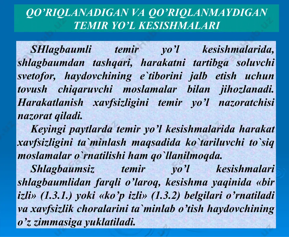a h.k.) mashina va mexanizmlarning yurib o’tishi (mexanik transport vositalariga yuklab olib o’tishga ruxsat etiladi). – temir yo’l distantsiyasi boshlig’ining ruxsatisiz tezligi soatiga 8 kilometrdan kam bo’lgan transport vositalarini olib o’tish taqiqlanadi. kesishma orqali harakatlanish taqiqlangan hollarda haydovchi to’xtash chizig’i, 2.5 yo’l belgisi yoki svetofor oldida, ular bo’lmaganda shlagbaumgacha kamida 5 metr, shlagbaum bo’lmaganda esa birinchi temir yo’l iziga kamida 10 metr qolganda to’xtashi kerak. temir yo’l kesishmasiga kirishni taqiqlovchi qo’shimcha shartlar: shlagbaumsiz temir yo`l kesishmalarida bir izli (1.3.1.) yoki ko`p izliligini (1.3.2) bildiruvchi yo`l belgilari bilan jihozlanadi. shlagbaumli temir yo`l kesishmalarida shlagbaumlidan tashqari, svetofor, tоvush chiqaruvchi moslamalar va temiir yo`l nazoratchisi nazorat qiladi. temir yo`l kesishmalari undan o`tadigan poyezdlarning jadalligi va avtomobillarning harakat miqdoriga qarab shlagbaumli va shlagbaumsiz bo`ladi. turar joy dahalari aholi yashaydigan uylar, inshootlar, dahalardan iborat joylar bo`lib, bu yerlarda harakatlanish ko`cha-yol sharoitlaridan farqli o`laroq, insonlarning ko`p harakatlanishi, bolalarning to`satdan chiqib qolishi sababli haydovchilar xavfsizlikni ta`minlaydigan tezlik …