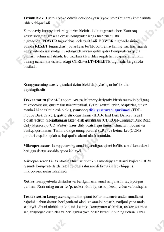 yangi prossesorlar va dastur mahsulotlarini paydo bo'lishi bilan yil sayin oshib boradi. doimiy xotira (kompyuterga avvaldan joylashtirilgan doimiy xotira (bios-basic input-output system - kiritish chiqarishning asosiy tizimi) mavjud. bunday xotiradan ma’lumotlarni faqat o'qish mumkin. shuning uchun ham u rom (read only memory-faqat o'qish uchun) deb ataladi. ibm pc kompyuterlarda bu xotira kompyuter jihozlarini ishlashini tekshirish, operatsion tizimini boshlang'ich yuklanishini ta’minlash, qurilmalarga xizmat ko'rsatishning asosiy funktsiyalarini bajarish uchun ishlatiladi. kesh xotira. kesh xotira kompyuter ishlash tezligini oshirish uchun ishlatiladi. u tezkor xotira va mikroprossesor orasida joylashgan bo'lib, uning yordamida amallar bajarish tezkor xotira orqali bajariladigan amallardan ancha tez bajariladi. videoxotira. videoxotira monitor ekraniga video ma’lumotlarni (videotasvirlarni) saqlab turish uchun ishlatiladi. shina. kompyuterda har bir qurilmaning ishini boshqaruvchi elektron sxemalar mavjud bo'lib, ular adapteriar (moslovchilar) deb ataladi. barcha adapteriar mikroprossesor va xotira orqali berilganlarni ayirboshlovchi magistral yo'l deb ataluvchi shinalar orqali bog'langan bo'ladi. shunday qilib, oddiy so'z bilan aytsak, shinalar turli qurilmalarni …