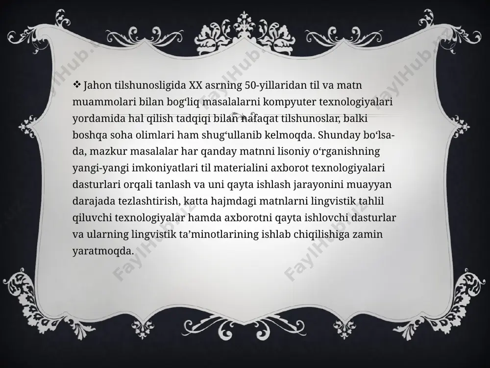 lab chiqilsa, muharrir kasbi uchun ehtiyoj qolmaydi. bu esa matn bilan ishlashni osonlashtiradi. lingvistik tahrir — turli ko‘rinishdagi (ilmiy, badiiy, publitsistik va rasmiy uslublardagi) matnlarning orfografik, grammatik, stilistik hamda mantiqiy qurilishini tekshirish demakdir. avtomatik imlo tekshirish imkoniyati ingliz tilidan yevropa davlatlari tillariga qadar kengaytirildi. garchi flektiv tillarni tahrir qiluvchi dasturning lingvistik ta’minoti va algoritmi agglyutinativ tabiatli tillar grammatikasiga mos kelmasa-da, keyinchalik bir qancha osiyo tillari doirasida shunday sistemalar ishlab chiqildi. jumladan, venger va fin tillaridagi matnlar imlosini tekshirish tizimini yaratish uchun lingvistik ta’minotning morfologiyasini qayta ishlashga to‘g‘ri kelgan. bugungi kunda firefox 2.0 kabi veb-brauzerlar ko‘plab elektron sayt, blog va ijtimoiy tarmoq foydalanuvchilari yozadigan har qanday hajmdagi matnlarning imlosini tekshirish, tahrirlash imkoniyatiga ega. mac os x (makintosh operatsion) sistemasi hozir boshqa barcha sistemalar uchun avtomatik orfografik tekshirish funksiyasiga ega bo‘lib, uni yanada takomillashtirish yo‘lidan bormoqda. ba’zi imlo tekshiruvchi dasturiy mahsulotlar muayyan sohalarga mo‘ljallangan. asosiy maqsad soha doirasida yaratilgan lingvistik ta’minotdagi terminlar, …