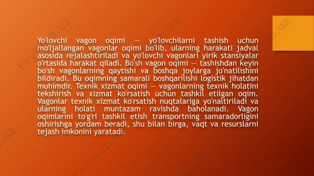 rni tezlashtiradi. vaqtni boshqarish va rejalashtirish ham muhim ahamiyatga ega. agar harakatlarning vaqti aniq rejalashtirilsa, oqimlarni samarali boshqarish mumkin. shuningdek, energiya samaradorligini oshirish, masalan, elektrli lokomotivlar orqali transport xarajatlarini kamaytirishga yordam beradi. vagon oqimlarining samaradorligini oshirishda bir nechta asosiy usullarni qo‘llash mumkin. birinchidan, vagonlarni samarali boshqarish tizimlarini yaratish muhimdir. bu tizimlar, ayniqsa, transport yo‘llaridagi harakatni muvozanatlash, navbatlarni qisqartirish va yukni eng tezkor va samarali tarzda tashish uchun yordam beradi. ikkinchidan, vagonlarning texnik holatini yaxshilash zarur. to‘g‘ri xizmat ko‘rsatish va texnik nazorat vagonlarning ishlash muddatini uzaytiradi va to‘liq ishlash imkoniyatlarini oshiradi. bu, o‘z navbatida, operatsion xarajatlarni kamaytiradi va vagon oqimlarining samaradorligini oshiradi. shuningdek, avtomatik boshqaruv tizimlarining integratsiyasi samaradorlikni sezilarli darajada oshiradi. masalan, modernizatsiya qilingan signalizatsiya tizimlari va sensorlar vagon oqimlarini yanada aniq va xavfsiz boshqarish imkonini beradi. shuningdek, bu tizimlar harakatni optimallashtirishga va to‘siqlardan o‘tish vaqtlarini qisqartirishga yordam beradi. 4. vagon oqimlarini boshqarishda texnologik va iqtisodiy omillar. vagon oqimlarini boshqarishda texnologik …