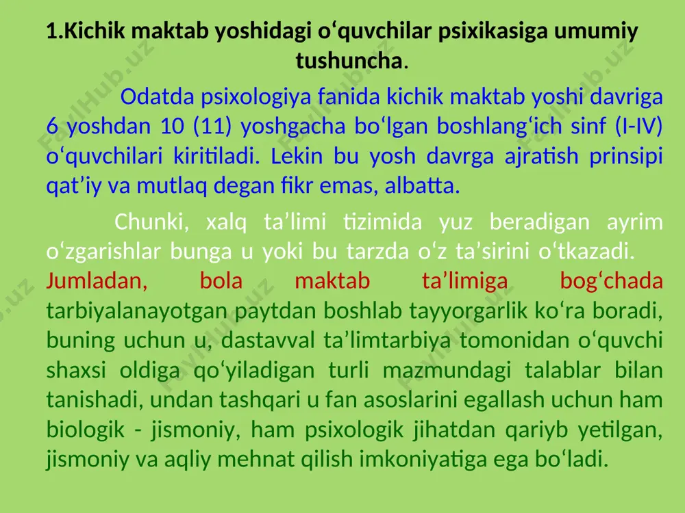 hga, o‘z oldiga yaqqol maqsad va aniq vazifa qo‘yishga harakat qiladi. bolaning muayyan taraqqiyot darajasiga erishganligini uning xotirasi faolligi namoyish qiladi. u o‘zining uncha boy bo‘lmagan shaxsiy tajribasiga asoslanib, she’r, hikoya, ertaklarni esda qoldirish uchun ularning takrorlanganligi, yod olishning qulay yo‘l va usullaridan foydalanganligi ta’lim jarayonida unga juda qo‘l keladi. demak, u o‘qish, idrok qilish, o‘ziashtirish texnikasi bilan yaqindan tanishishga erishadi. birinchi sinf o'quvchisi, ko‘pincha yaqqol obrazli xotiraga suyangan holda bilish faoliyatini (kognitiv holatni) tashkil etsa ham, biron bir narsa xotiraning boshqa turlarini sira istisno qilmaydi, balki aksincha, ta’lim shaxsdan so‘z-mantiq xotirasini taqozo qiladi, ijodiy produktiv yo‘l bilan bilimlarni egallashni talab etadi. so‘z-mantiq xotirasining mavjudligi matnning ma’nosiga tushunib esda olib qolish jarayonining samaradorligini orttirishga keng imkoniyat yaratadi. tajribalardan shu narsa ma’lumki, bola ma’nosiz so‘zlardan ko‘ra, ko‘proq ma’nodor ilmiy tushuncha hamda atamalarni yaratish, tuzish va mustahkamroq esda olib qolish xususiyatlarga ega. uning nutqi ta’limga tayyorgarlik ko‘rish bosqichida kattalar bilan muloqotga kirishish, …