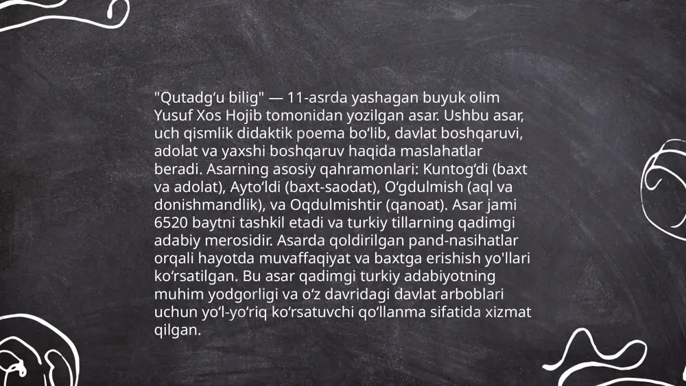 "qutadgʻu bilig" asari o‘rta asrlar turkiy adabiyotining yirik namunasidir. uni yusuf xos hojib yozgan va asarda do‘stlik va sodiqlik masalalari muhim o‘rin tutadi. do‘stlik, insonlar orasidagi samimiyat va ishonch asosida qurilgan munosabat sifatida tasvirlanadi. sodiqlik esa ishonch va xizmatga asoslangan fazilat sifatida ko‘rsatilgan. asarda hukmdor va vazirlar o‘rtasidagi sodiqlik va do‘stlik munosabatlari yaxshi yetkazilgan. ushbu mavzu orqali muallif insoniy munosabatlarning ma’naviy-axloqiy qadriyatlarini yuksaltirishni va jamiyatni barqaror qilishni maqsad qilgan. asar turli ijtimoiy qatlamlar va insoniy sifatlar orasidagi o‘zaro aloqalarni mufassal yoritadi. ... t.me/slaydai_bot 13. yusuf xos xojibning falsafiy qarashlari yusuf xos xojib oʻzining “qutadgʻu bilig” asarida inson hayoti va jamiyat masalalariga alohida eʼtibor qaratib, axloqiy-falsafiy qarashlarini bayon etadi. u ideal davlat boshqaruvi, adolat va bilimning ahamiyatiga urgʻu beradi. yusuf xos xojib adolat, aqida, dono hokim va fuqaro masʼuliyati kabi tushunchalarni ilm-fan va axloqiy tamoyillar orqali o‘rganadi. u insonni jamiyatning markaziga qo‘yib, uning axloqiy qadriyatlar asosida yashashini targ‘ib qiladi. shuningdek, xojib …