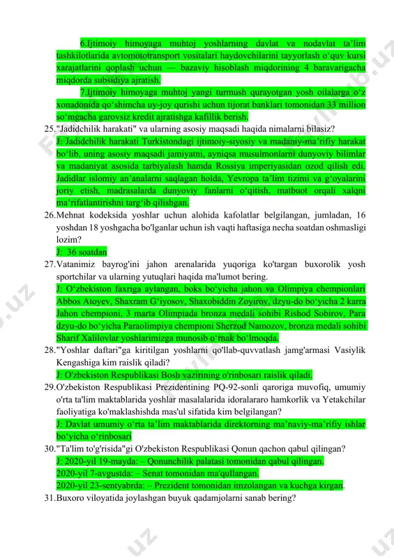 qanday ijtimoiy yordam turlari mavjud? j: 1.moddiy ahvoli qiyin yoshlarni qo‘llab-quvvatlash uchun — bazaviy hisoblash miqdorining 4 baravarigacha miqdorda bir martalik moddiy yordam ko‘rsatish. 2.ijtimoiy himoyaga muhtoj yosh oilalarga 12 oygacha turar joy ijarasi kompensatsiyasini qoplash uchun — har oyda bazaviy hisoblash miqdorining 3 baravarigacha miqdorda subsidiya ajratish. 3.psixologik maslahatga muhtoj yoshlarga ixtisoslashgan nodavlat notijorat tashkilotlari hamda nodavlat ta’lim tashkilotlari tomonidan pullik psixologik xizmat ko‘rsatilishi bilan bog‘liq xarajatlarni qoplash uchun subsidiya ajratish. 4.mamlakatdagi professional va oliy ta’lim muassasalarida ta’lim olayotgan ijtimoiy himoyaga muhtoj iqtidorli yoshlarning to‘lov-kontrakt summasining 50 foizigacha qismini qoplash uchun — bazaviy hisoblash miqdorining 50 baravarigacha miqdorda subsidiya ajratish. 5.ijtimoiy himoyaga muhtoj yoshlarning safarbarlik chaqiruvi rezervidagi xizmatni o‘tash badalini to‘liq miqdorda qoplash uchun subsidiya ajratish. 6.ijtimoiy himoyaga muhtoj yoshlarning davlat va nodavlat ta’lim tashkilotlarida avtomototransport vositalari haydovchilarini tayyorlash o‘quv kursi xarajatlarini qoplash uchun — bazaviy hisoblash miqdorining 4 baravarigacha miqdorda subsidiya ajratish. 7.ijtimoiy himoyaga muhtoj yangi turmush qurayotgan …