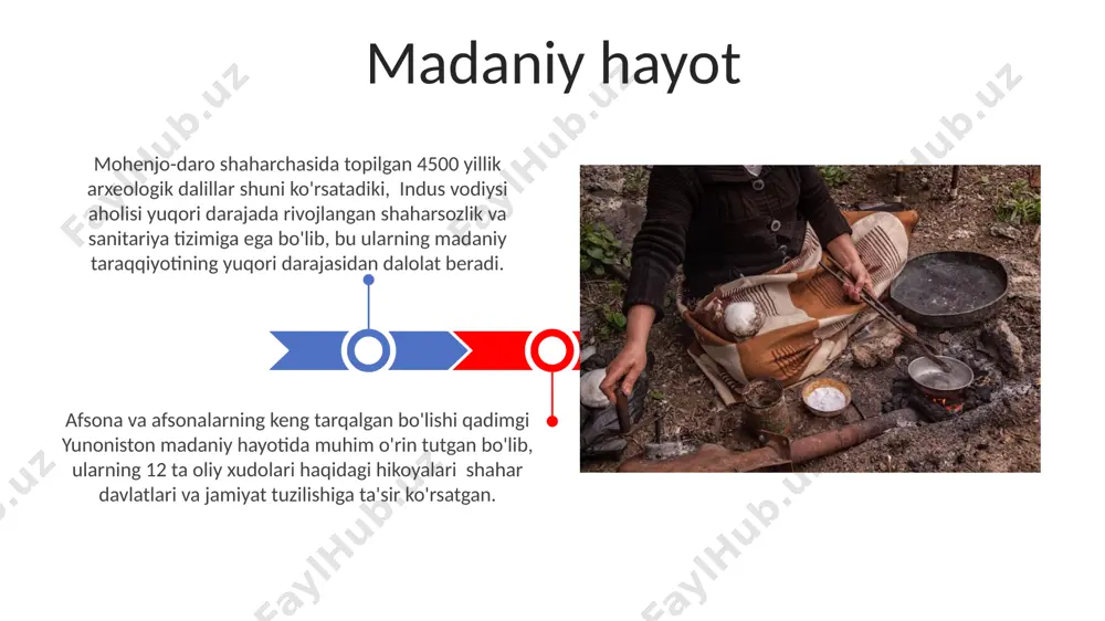 rlangan kiyim-kechak qoldiqlari mavjudligini tasdiqlaydi. samarqand yaqinidagi arxeologik qazishmalar natijasida topilgan 3000 yillik matolar namunalari, o‘sha davr aholisi tomonidan tabiiy bo‘yoqlar bilan bo‘yalgan murakkab naqshli kiyimlar tikilishini ko‘rsatadi. kiyim-kechak tayyorlash kundalik hayot tarzi miloddan avvalgi 1500 yilda mesopotamiyada, hunarmandlar, masalan, kulolchilar, o'rtacha kuniga 10 soatdan ortiq ishlagan va o'z mahsulotlarini bozorlarda sotishgan. pompeya shahrida (italiya) topilgan arxeologik dalillar, miloddan avvalgi 79 yilda vulqon otilishidan oldin, odamlarning kundalik hayoti, turmush darajasining yuqoriligi va turli kasb-hunarlarining mavjudligini ko'rsatadi. savdo va almashinuv miloddan avvalgi 3000-yillarda mesopotamiya shaharlarida, ayniqsa ur va urukda, katta miqdordagi don, jun va metall buyumlar almashinuvi keng tarqalgan edi, bu esa rivojlangan savdo tizimining mavjudligini ko'rsatadi. xitoyning shang sulolasi davrida (miloddan avvalgi 1600-1046 yillar) bronza buyumlar, ipak va jade kabi qimmatbaho mahsulotlar savdosi faol bo'lib, uzoq masofalarga savdo karvonlari yuborilgan. qadimgi odamlarning ijtimoiy munosabatlari qadimgi mesopotamiyada, taxminan miloddan avvalgi 3000-yillarda, 1000 kishidan iborat shaharlarda murakkab ijtimoiy ierarxiya mavjud boʻlib, hukmdorlar, …