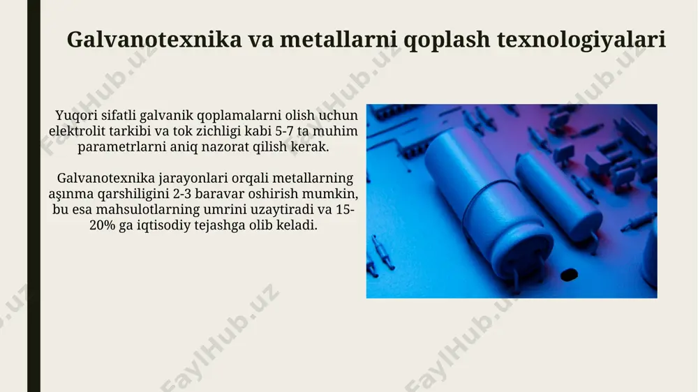 jarayonlari sodir boʻlib, bu jarayonlar 20-30°c haroratlarda va 1-10 a/sm² tok zichligida optimal sharoitlarda oʻtadi. elektrokimyoviy jarayonlarning iqtisodiy samaradorligi elektroliz jarayonlarida energiya sarfini 15-25% ga kamaytirishga imkon beruvchi yangi elektrod materiallari va membranalarni qo‘llash iqtisodiy foydani oshiradi. yuqori samarador elektrolizyorlarni joriy etish, 1 kvt/soat energiya sarfiga 20-30% ko'proq mahsulot olish imkonini berib, ishlab chiqarish xarajatlarini sezilarli darajada pasaytiradi. elektrokimyoviy texnologiyalarning kelajagi yangi avlod elektrokimyoviy katalizatorlarining rivojlanishi tufayli, 2040 yilga borib kimyoviy reaksiyalarning tezligini 10 barobarga oshirish va shu bilan birga reaksiya natijalarining selektivligini oshirish mumkin bo'ladi. kelgusi 10 yil ichida elektrolizorlarning samaradorligi 2 barobarga oshishi va energiya sarfini 50% ga kamaytirish kutilmoqda, bu esa ushbu texnologiyalarning iqtisodiy jihatdan yanada jozibador bo'lishini ta'minlaydi. elektrokimyoviy suvni tozalash texnologiyalari elektrokimyoviy suv tozalash, 99,9% gacha tozalik darajasini ta'minlaydigan, elektrolitlarni ishlatish orqali, suvda erigan ionlarni elektroliz yo'li bilan ajratib olish texnologiyasidir. jarayon 10-100 ma/sm² tok zichligi bilan o'tkazilib, suvda erigan metall ionlari (masalan, temir, mis) …