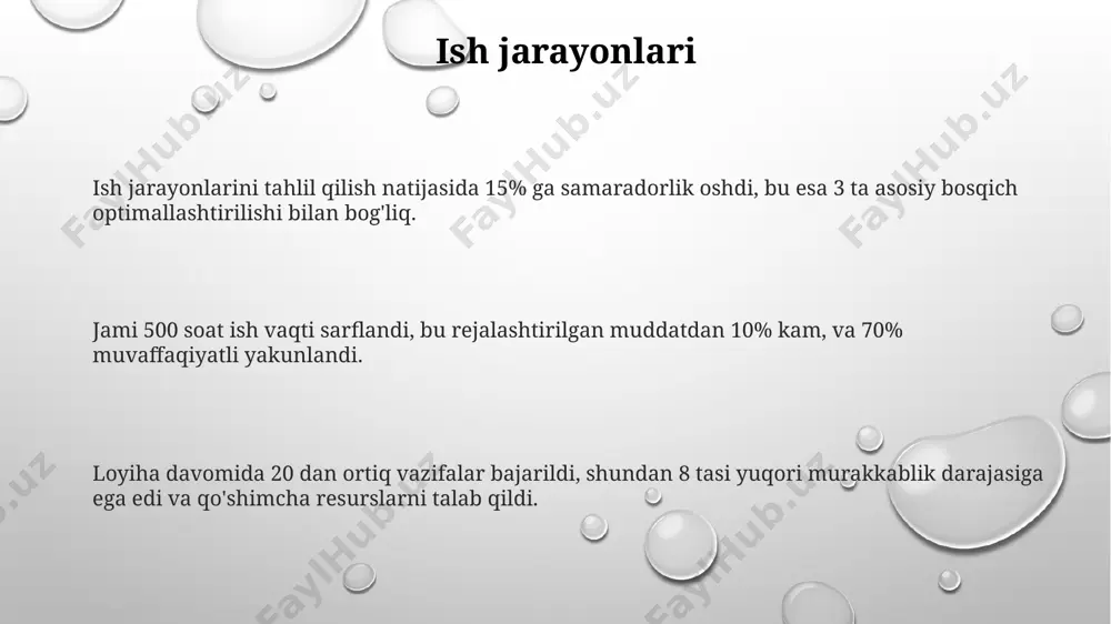 ni hal qilish muammolarni hal qilish jarayonida 15 dan ortiq turli algoritm va dasturlash tillaridan foydalanildi, bu esa 90% dan ortiq muammolarning samarali yechimini ta'minladi. o'rtacha har bir muammoning yechimi uchun 3-5 soat vaqt sarflandi, 20 dan ortiq murakkab muammolar esa qo'shimcha konsultatsiyalarni talab qildi. muammolarni tahlil qilish va yechimlarni ishlab chiqishda 80% hollarda iterativ usuldan foydalanildi, bu esa 10% ga yaxshiroq natijalarga erishish imkonini berdi. tajriba orttirish tajriba orttirish jarayonida 20 dan ortiq loyihalarda ishtirok etdim, bu esa men uchun muhim bo'lgan ko'nikmalarni, jumladan, loyiha boshqaruvini va jamoa bilan ishlashni rivojlantirishga yordam berdi. tajriba orttirish jarayonida 5 dan ortiq turli xil dasturlash tillarini o'rgandim va ularni amalda qo'lladim, bu esa men uchun texnologik jihatdan ilg'or bo'lish imkoniyatini yaratdi. amaliyot davomida o'rtacha 85% muvaffaqiyat ko'rsatkichiga erishildi, bu esa bajarilgan ishlarning sifatini va samaradorligini tasdiqlaydi. muvaffaqiyatsizliklar tahlili orqali kelgusidagi xatolar oldini olishga harakat qilindi. amalga oshirilgan ishlar dasturlash sohasida 3 ta …