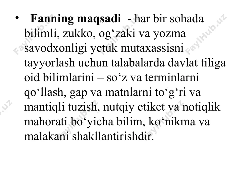 jihatlari bo’lmagan tillar esa qarindosh bo’lmagan tillar hisoblanadi.. o’zbek va uyg’ur tillari qorluq guruhiga; qozoq, qaraqalpoq, qirg’iz, tatar, boshqird, xakas, yoqut, chuvash kabi tillari qipchoq guruhiga; ozarbayjon, turkman, usmonli turk tillari esa o’g’uz guruhiga kiradi. ko’rinib turibdiki, o’zbek tili dunyo tillari tizimida turkiy tillarning qorluq guruhiga mansubdir. topshiriq. she’rni o’qing. ona tilini ulug’lovchi she’rlar, hikmatli so’z va maqollarga misollar topib, ularni izohlang. ona tilim ming yildirki, bulbul kalomi, o’zgarmaydi-yaxlit hamisha. lekin sho’rlik to’tining holi, o’zgalarga taqlid hamisha. ona tilim, sen borsan, shaksiz. (a.oripov) uyga vazifa: : sohangizga doir 10 ta atama topib uni izohlab keling.