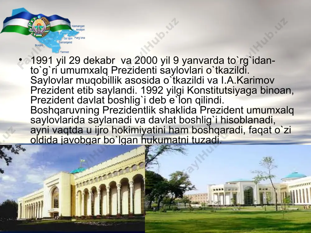 blikasining prezidenti о`z vakolatlarini bajarishni davlat idoralariga yoki mansabdor shaxslarga topshirishga haqli emas.konstitutsiyaning 95-moddasi kо`p mamlakatlarda mavjud bо`lgan davlat boshlig`ining parlamentni tarqatib yuborish institutiga bag`ishlanadi. parlamentni tarqatib yuborish — uning vakolatlari tugaguncha, yangi saylovlar belgilangunicha parlament faoliyatining tо`htatilishidir. parlamentni tarqatib yuborish hokimiyatlarning bо`linishi principini amalga oshiradigan muvozanatlar va ziddiyatlar tizimining muhim elementidir. prezident oliy majlisni faqat konstitutsiyada aniq belgilangan hollardagina tarqatishi mumkin:birinchidan, oliy majlis tarkibida uning normal faoliyatini tahdidga soladigan, hal qilib bо`lmaydigan ihtiloflar yuz berganda; prezident chiqaradigan hujjatlar uning о`zi tomonidan oliy majlis yoki boshqa davlat organini habardor qilmasdan yoki roziligini olmasdan mustaqil chiqariladi. prezident chiqaradigan farmonlar, qarorlar va farmoyishlar konstitutsiya va qonunlarga zid bо`lmasligi shart. chunki ular konstitutsiya va qonunlar asosida, ularni bajarish maqsadida chiqariladi. prezident chiqargan normativ hujjatlarining о`zbekiston respublikasi konstitutsiyasiga muvofiqligi tо`g`risidagi masala, zaruriyat tug`ilganda, о`zbekiston respublikasining konstitutsiyaviy sudi tomonidan hal qilinadi (konstitutsiyaning 109-moddasi). kо`rib chiqish natijalari bо`yicha konstitutsiyaviy sud butun hujjat yoki uning ayrim qoidalari …