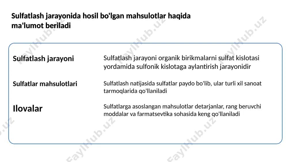 k birikmalardan sulfon kislotasini olish uchun qo'llaniladi. sulfatlash jarayonining kimyoviy tenglamalari ko'rsatiladi kimyoviy tenglamalar sulfatlash jarayoni uchun muhim kimyoviy tenglama benzen va sulfat kislotasining reaksiyasidir. bu jarayonda benzen sulfat kislotasi bilan reaksiyaga kirishadi. sulfatlash jarayonining kimyoviy tenglamalari ko'rsatiladi reaksiya mexanizmi sulfatlash jarayonida sulfat guruhlari qo'shilgach, original birikmada o'zgarishlar yuz beradi. bu mexanizm asosan elektrofildan iborat bo'lib, benzenning elektron bulutining hujumiga sabab bo'ladi. sulfatlash jarayonining kimyoviy tenglamalari ko'rsatiladi 7 sulfatlash jarayonining turli usullari taqdim etiladi sulfatlashning klassik usuli sulfatlash jarayoni organik birikmalarga sulfat guruhi qo'shish orqali amalga oshiriladi asosiy reaktiv sulfat kislotasi hisoblanadi. sulfatlash jarayonining turli usullari taqdim etiladi kimyoviy reagentlar yordamida sulfatlash bu usulda turli xil kimyoviy reagentlardan foydalanish orqali qo'shimcha sulfat guruhlari qo'shiladi jarayon nazorat qilinadi. sulfatlash jarayonining turli usullari taqdim etiladi katalizator bilan sulfatlash jarayonda katalizatorlar yordamida sulfatlash tezlashadi bu usul ko'pincha industriyalarda ishlatiladi. sulfatlash jarayonining turli usullari taqdim etiladi sulfatlash jarayonining muhim xususiyatlari sulfatlash jarayoni uchun muhim …