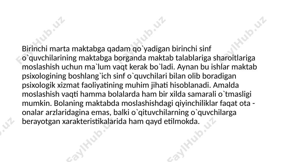 yoshiga muvofiq, to`laqonli rivojlanmagan ko`plab bolalar uchun maktabga kelish murakkab sinov bo`lishi mumkin va ular qator muammolarga duch keladi. bu kabi alohida qiyinchiliklarning pedagogik psixologiya fanida to`rtta guruhi farqlanadi: 1. kun tartibi bilan bog`liq qiyinchiliklar (ko`proq bolalar bog`chasiga qatnamagan bolalarda kuzatiladi va ixtiyoriylik, o`zini boshqarish, uyushqoqlikning nisbatan past darajasida namoyon bo`ladi). 2. kommunikativ qiyinchiliklar (tengdoshlari bilan muloqot tajribasi etarli bo`lmagan bolalarda sinf jamoasi, undagi o`z o`rniga o`rganishga qiynalishda namoyon bo`ladi). 3. o`qituvchilar bilan o`zaro munosabatlardagi qiyinchiliklar. 4. oilaviy sharoitdagi o`zgarishlar bilan bog`liq muammolar. afsuski, ko`pchilik o`quvchilar uchun bu muammolar hal etib bo`lmasligicha qoladi. agar bu holatlarda maktab psixologi, pedagog, ota - onalar tomonidan yordam berilmasa, bolada turli ko`rinishdagi maktab nevrozlari maktabga tayyor emaslikning noadekvat kompensatsiyasi sifatida yuzaga kelishi mumkin. shu sababli maktab nevrozlarini erta diagnostikalash, korrektsiyalash va profilaktika qilish dolzarb va favqulodda muhim muammo sanaladi. 6-9 yoshdagi bolalarda nevrotik holat ichki (ortiqcha xavotir, notinchlik, o`ta senzitivlik kabi) va tashqi ijtimoiy …